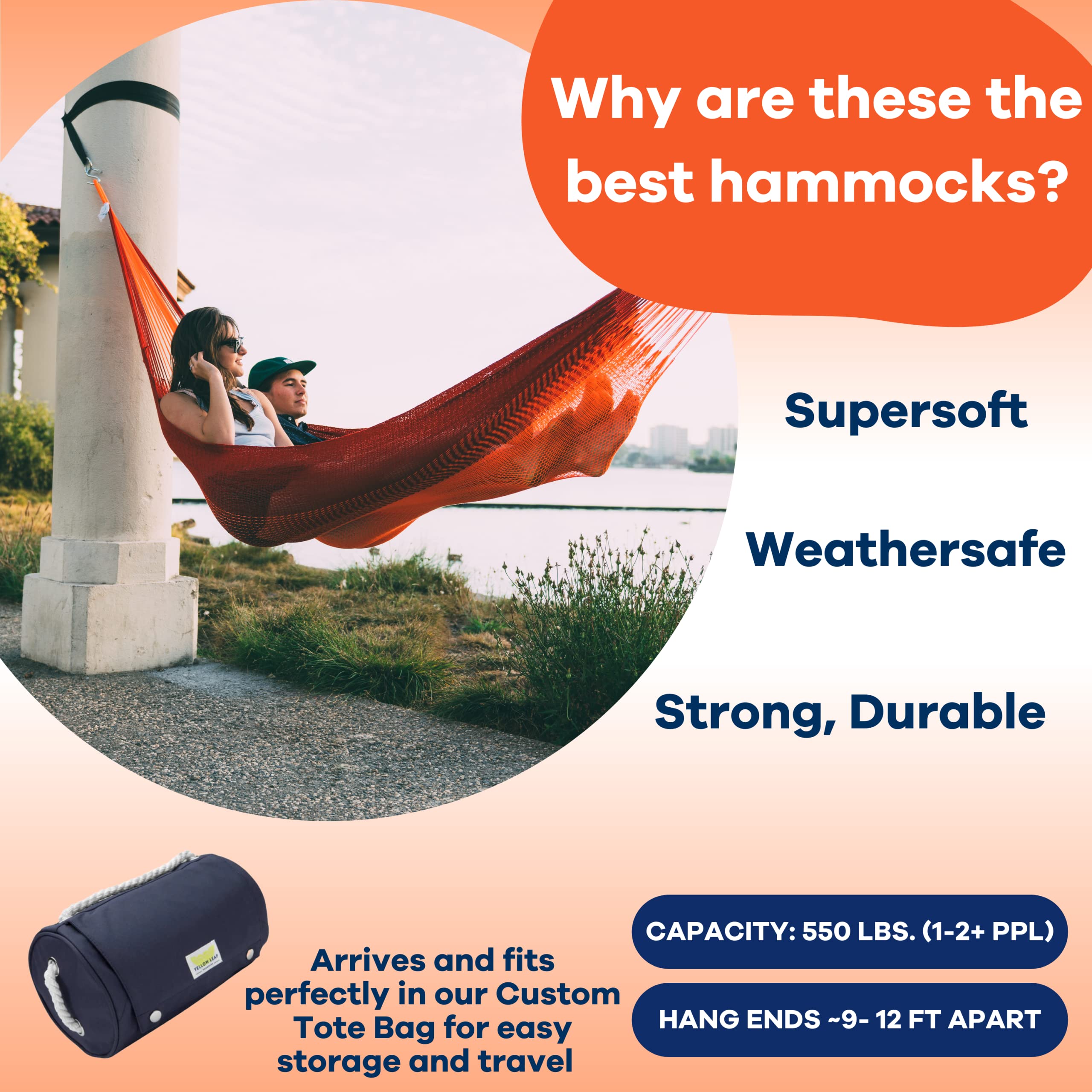 Premium Handwoven Hammock for Outdoor Relaxation - Family Size (550lb Capacity) - Weatherproof & Ultra Strong - Easy Setup Hanging System - Artisan Crafted in Vibrant Red-Orange - Perfect for Backyards, Camping & Beach Vacations