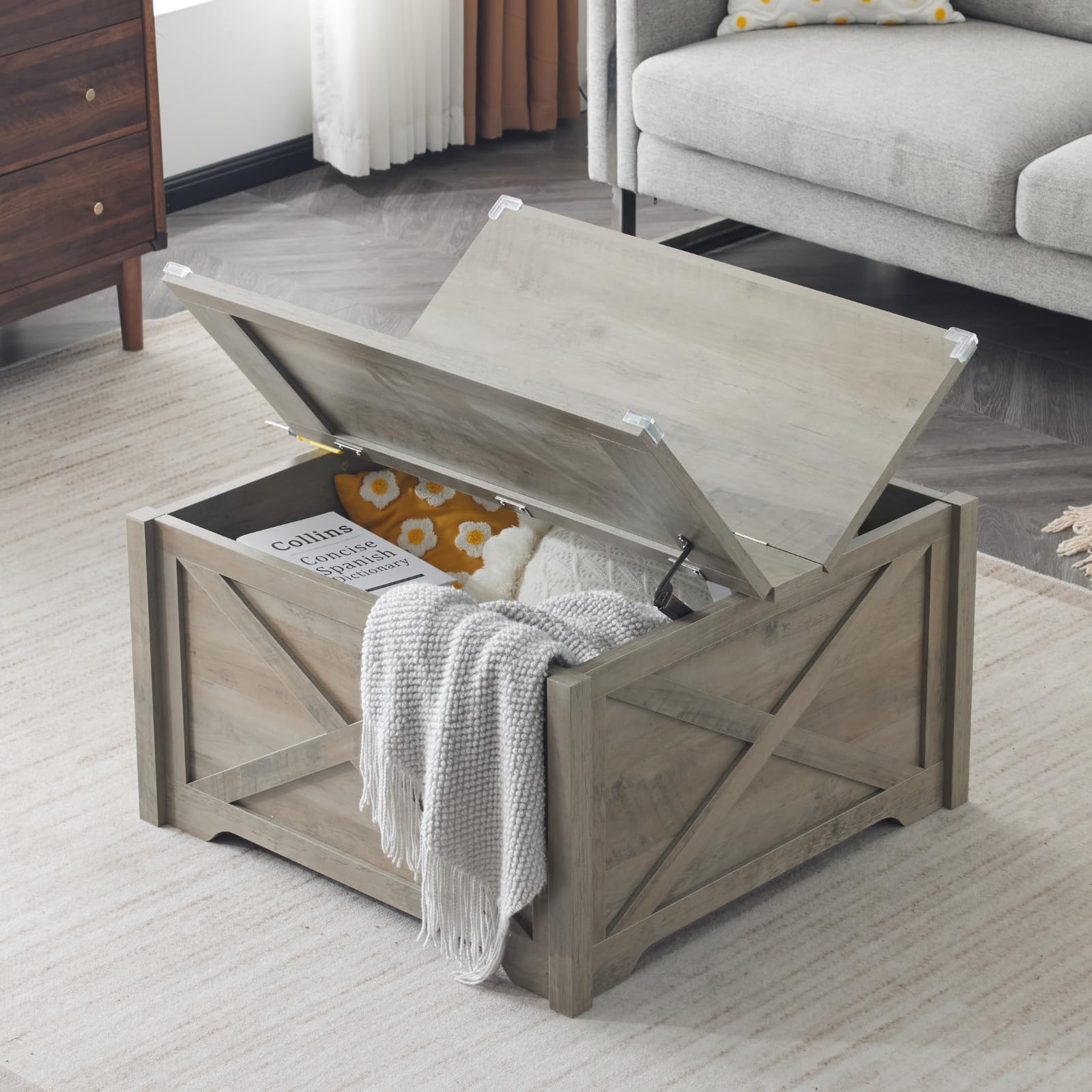 Karl Home Square Coffee Table with Storage - Farmhouse Rustic Gray Wooden Center Table with Hinged Lifting Tabletop - 31.5