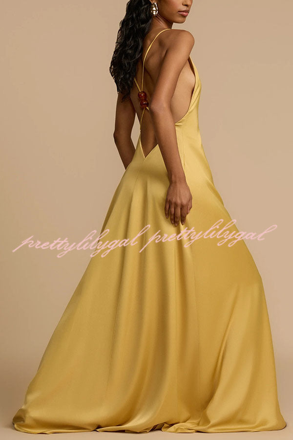 Golden Hour Plunge V-Neck Resin Beads Backless Maxi Dress for Women | Elegant Beach Wedding Party Evening Gown