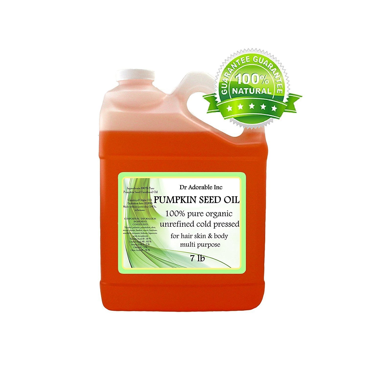 Dr Adorable - 7 lb Organic Cold Pressed Pumpkin Seed Oil - 100% Pure Unrefined Virgin - Premium Natural Cooking Oil for Salads, Skincare & Hair Care