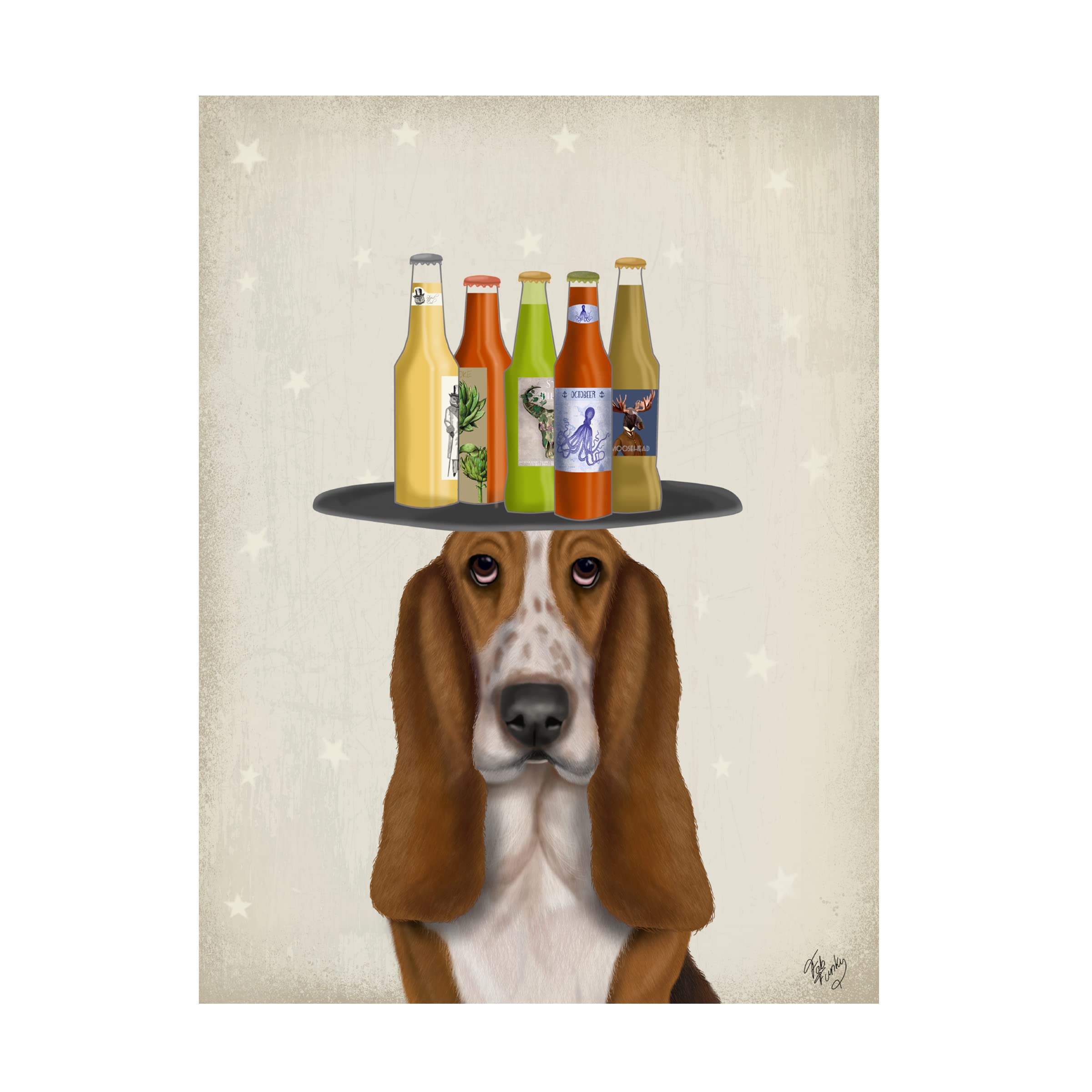 Basset Hound Beer Lover Canvas Wall Art Print by Fab Funky - Funny Dog Drinking Beer Painting for Home Bar, Man Cave & Pub Decor