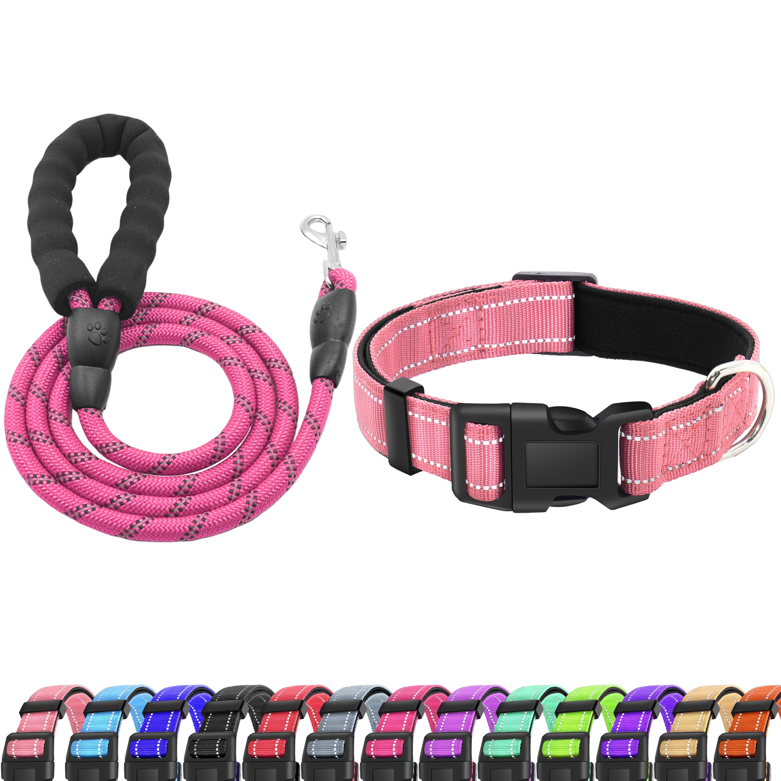 LIEVUIKEN Reflective Dog Collar and Leash Set with Safety Locking Buckle - Adjustable Soft Breathable Nylon Pet Collar for Small Medium Large Dogs (Pink, 10