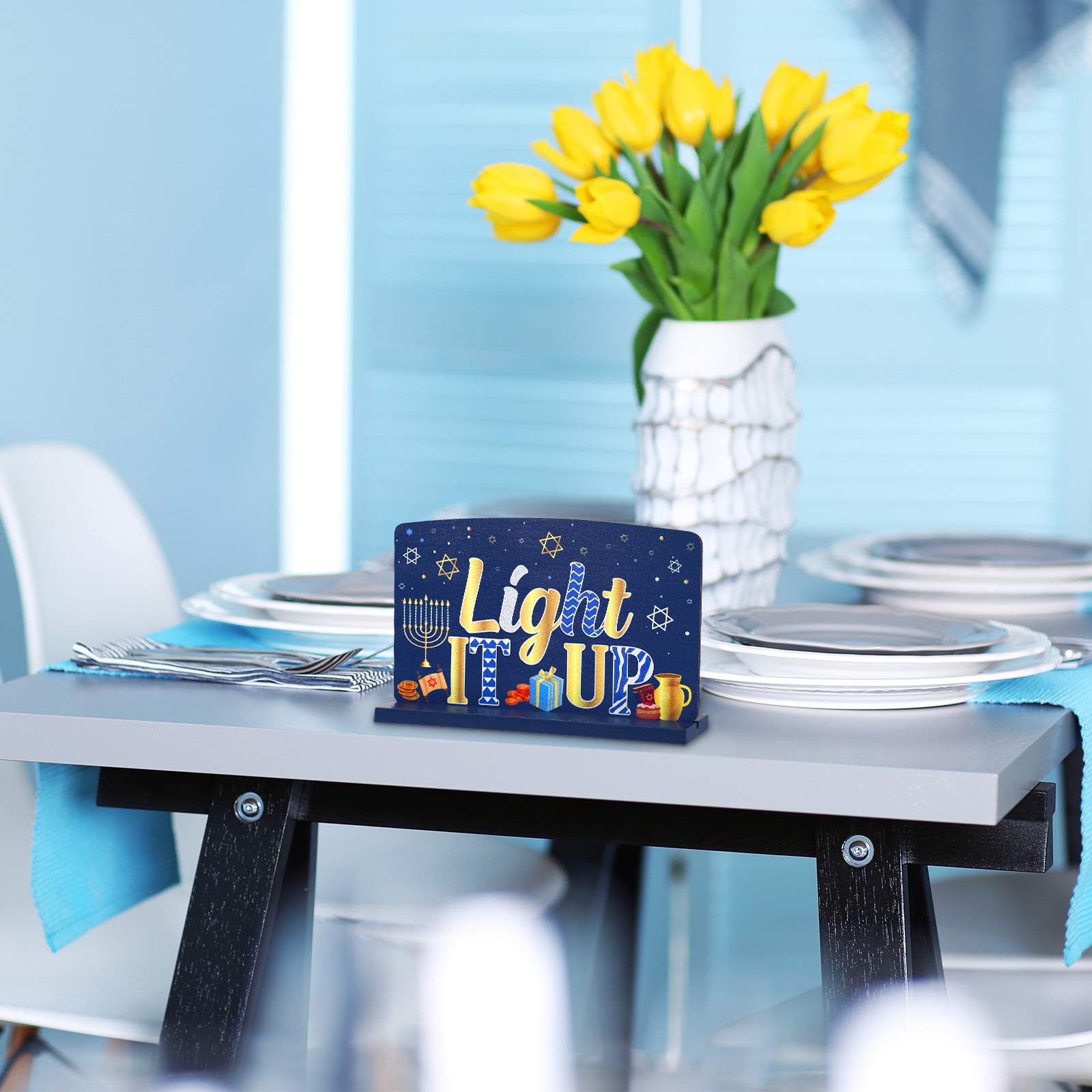 Wooden Menorah Sign & Dreidel Hanukkah Table Centerpiece - 3-Piece Set for Winter Snow Day, Chanukkah Party, Dinner & Coffee Tier Tray Decorations - Perfect for Holiday Home Decor & Jewish Festival Celebrations