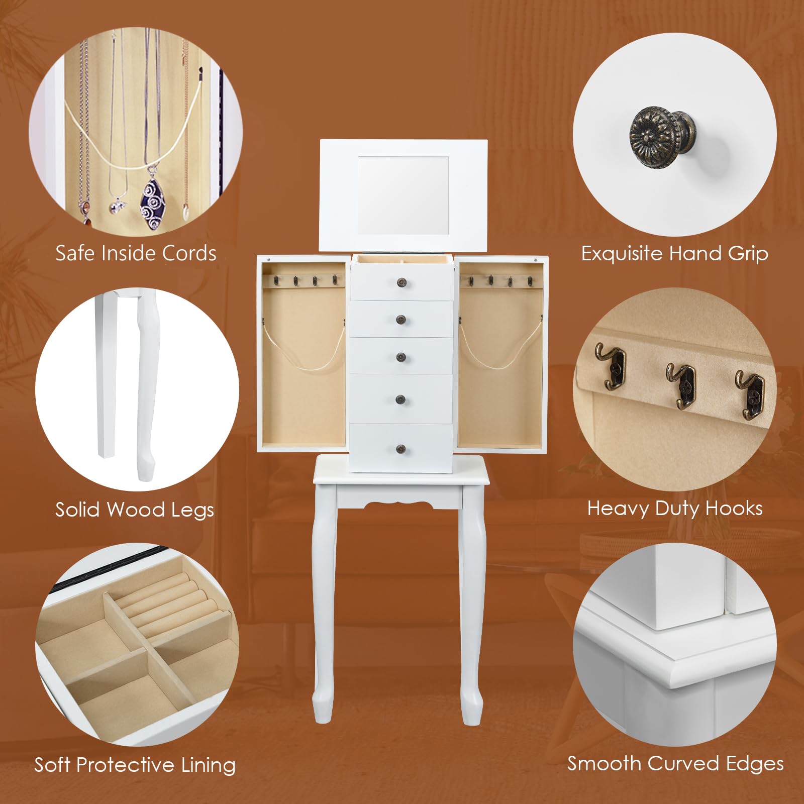 Byroce Jewelry Armoire Cabinet with Flip Top Mirror - 5 Drawers, 2 Doors & 8 Necklace Hooks - Standing Jewelry Storage Organizer for Women & Girls - Perfect for Bedroom, Closet or Dressing Room (White)