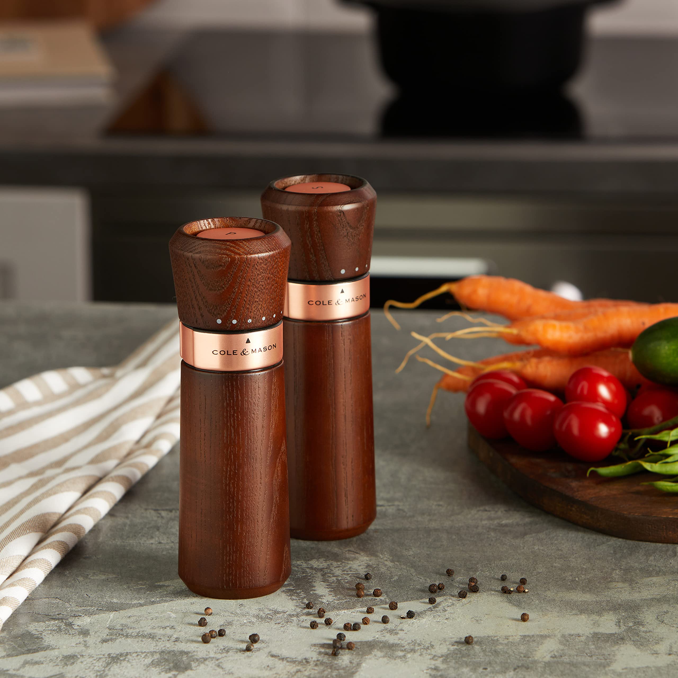 Cole & Mason Lyndhurst Premium Salt and Pepper Grinder Set - Ash Wood & Stainless Steel - 185mm Gourmet Precision+ Mills - Rose Gold Accents - Perfect for Kitchen, Dining Table & Gift Giving