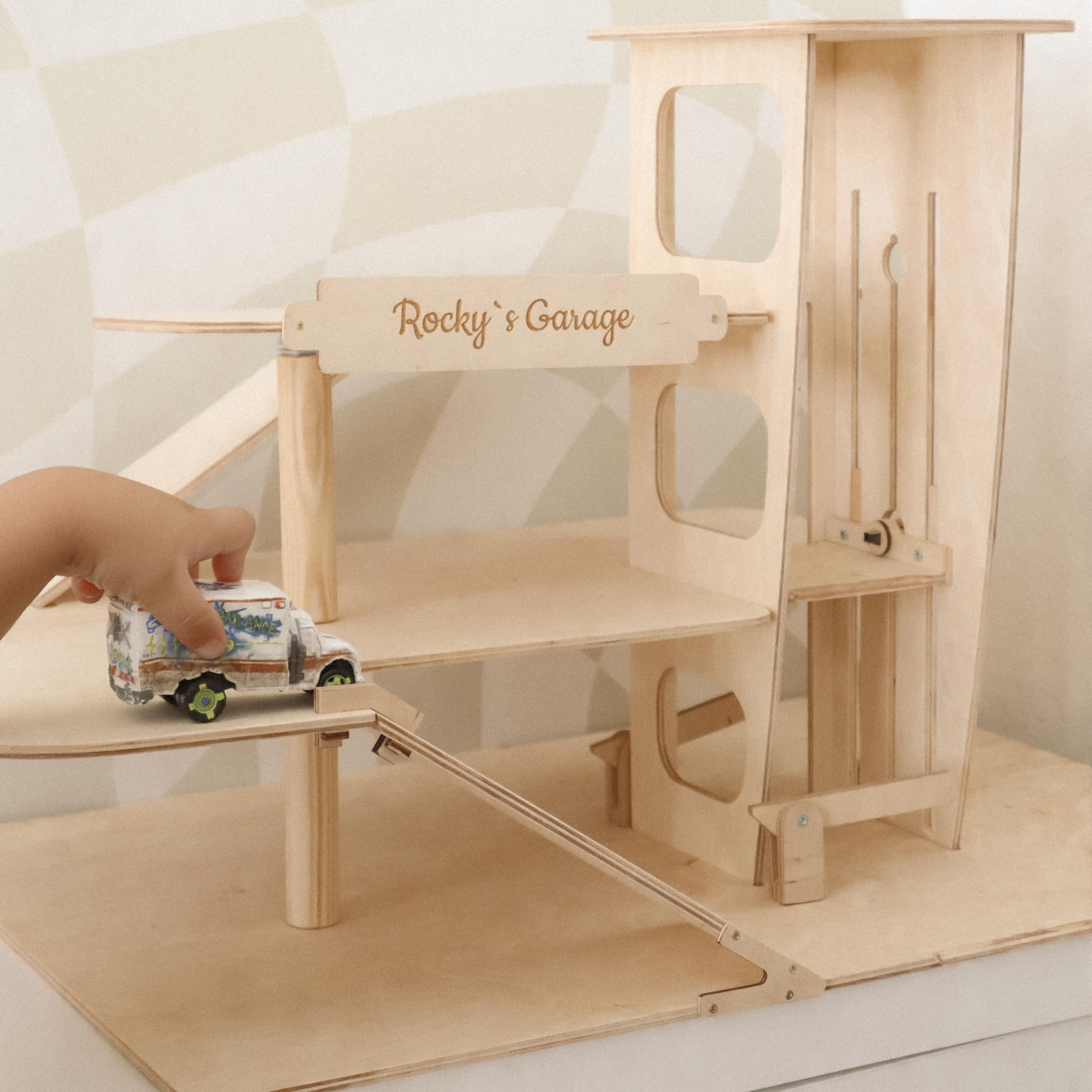 **Wooden Toy Parking Garage with Elevator - Car Storage Organizer for Hot Wheels & Mini Cars - Toddler Gift for Boys & Girls Ages 1-4 - Small Natural Wood Shelf for Playroom, Bedroom, or Daycare**