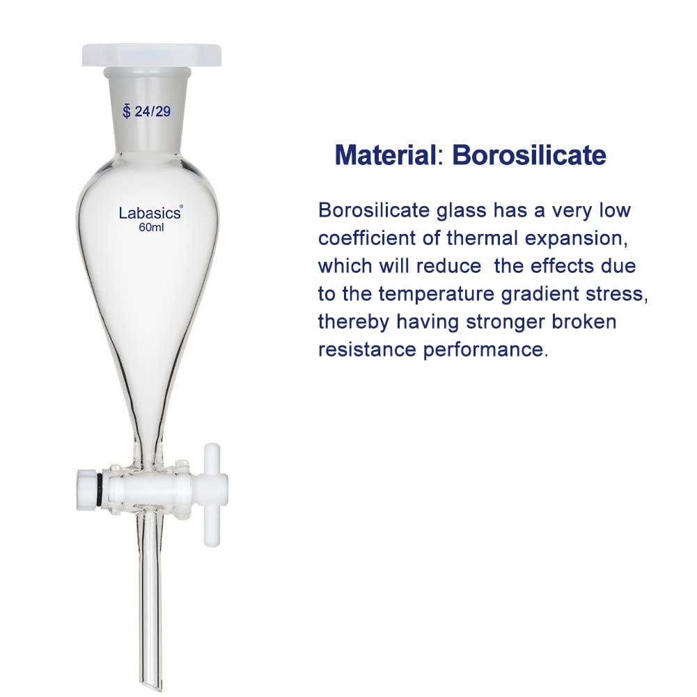Labasics 60ml Heavy Wall Borosilicate Glass Conical Separatory Funnel with 24/29 Joints & PTFE Stopcock - Ideal for Chemical Separation, Liquid Extraction & Laboratory Experiments