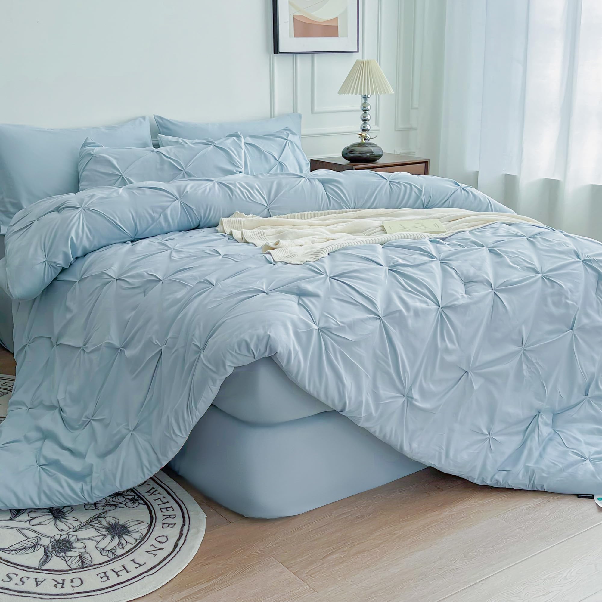 Maple & Stone 7-Piece King Size Comforter Set - Light Blue Pintuck Bedding with Comforter, Sheets, Pillowcases & Shams | Luxury Bed in a Bag for Master Bedroom & Guest Room Decor