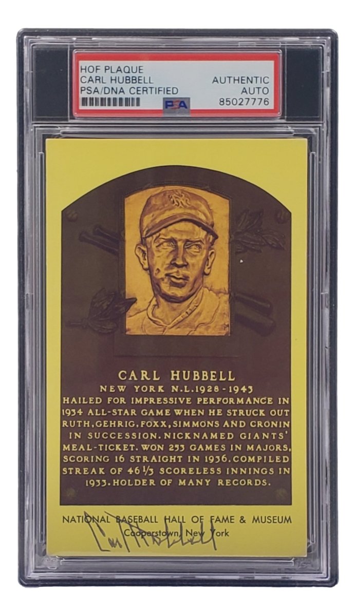 Carl Hubbell Autographed 4x6 New York Giants Hall of Fame Plaque Card with PSA/DNA Certification #85027776 - Perfect for Sports Memorabilia Collectors and Baseball Fans Display