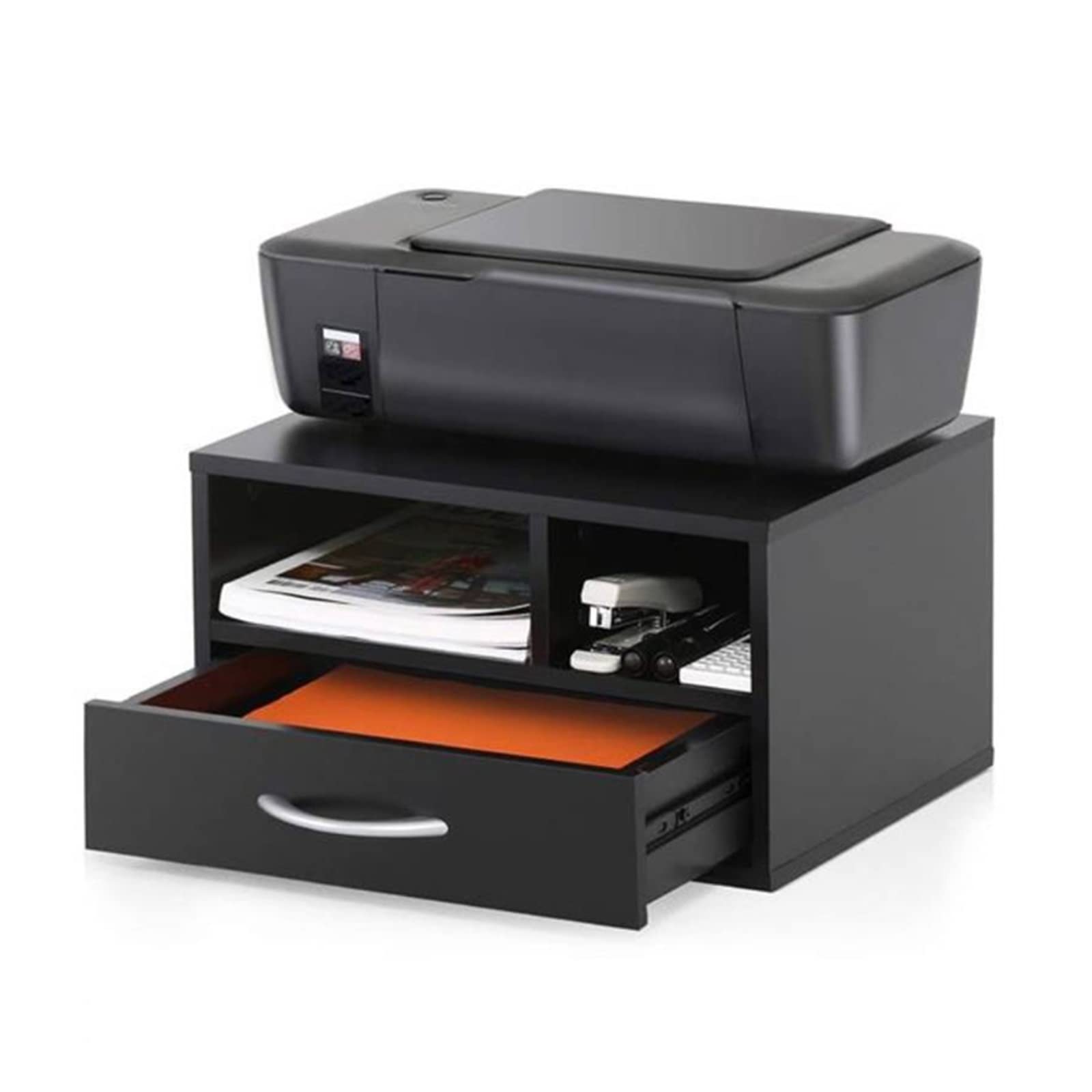 TOMYEUS 2-Tier Wooden Printer Stand with Drawer - Desktop Organizer for Home Office, Workspace Storage Shelf - Perfect for Printer, Scanner, and Office Supplies Organization (Black)