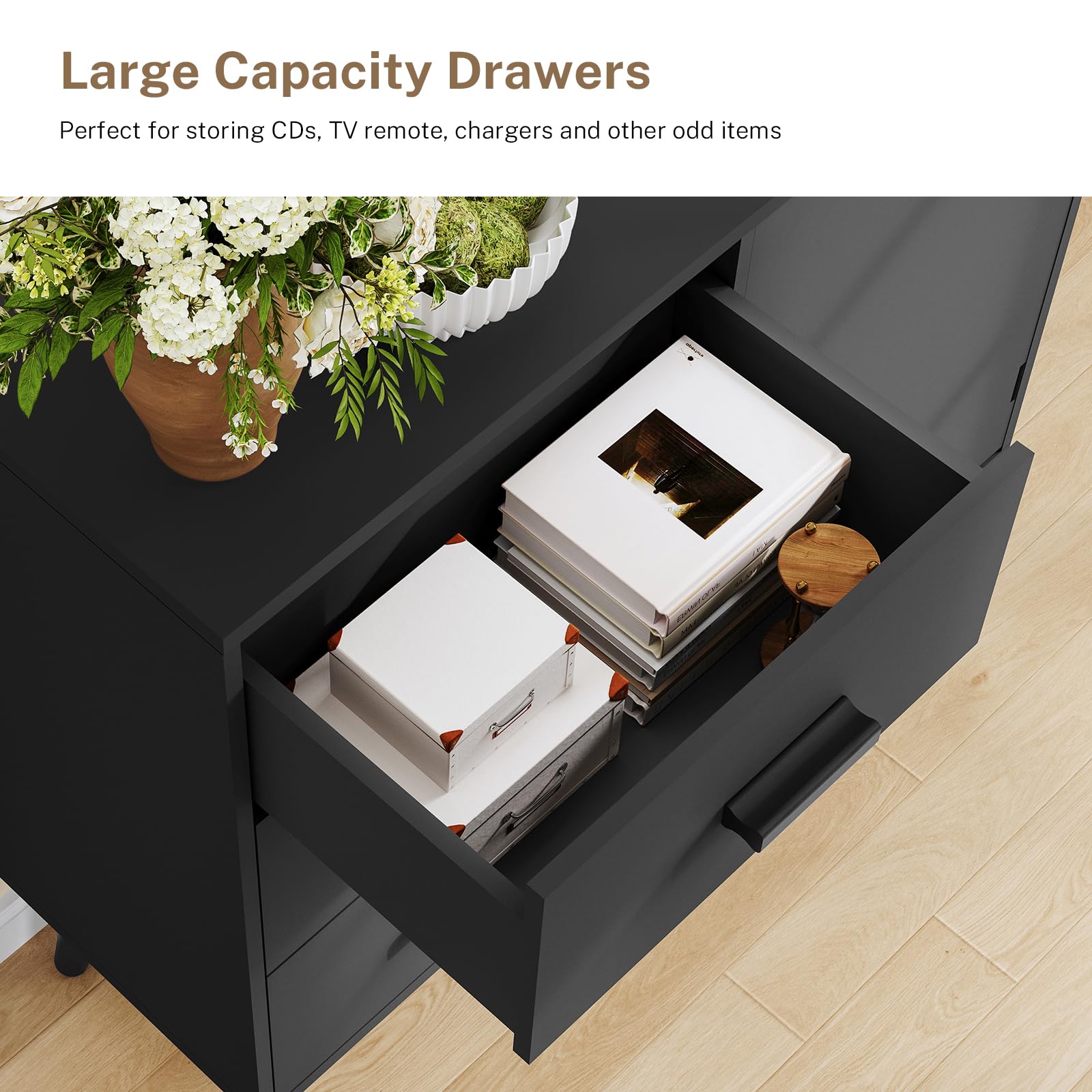 Iwell 3-Drawer Black Storage Cabinet with Adjustable Shelf - Sideboard Buffet Cabinet for Entryway, Living Room & Dining Room - Modern Organizer for Home Decor & Storage Solutions