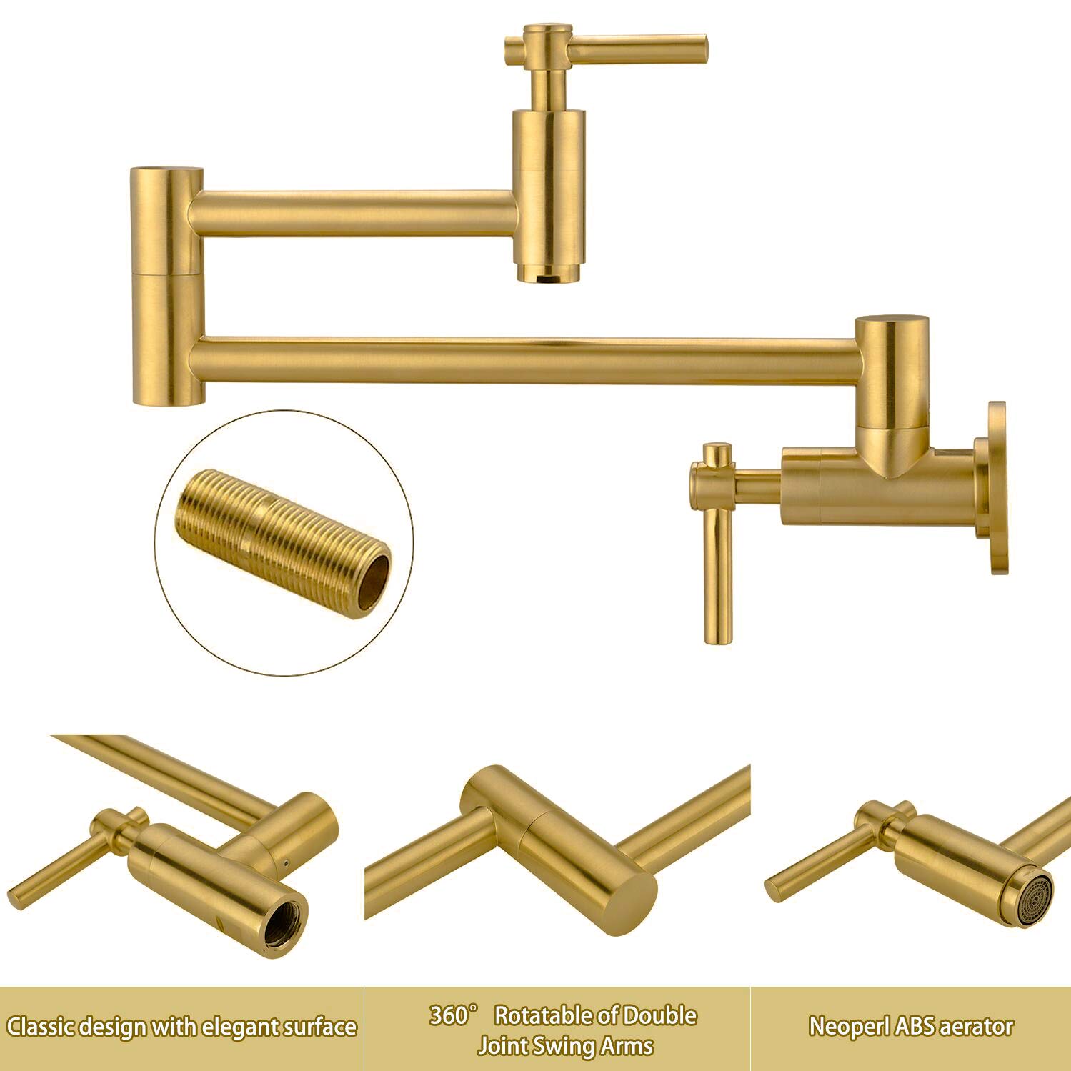 Wall Mount Gold Pot Filler Faucet - Lead-Free Brass, Swing Arm for Kitchen Sink
