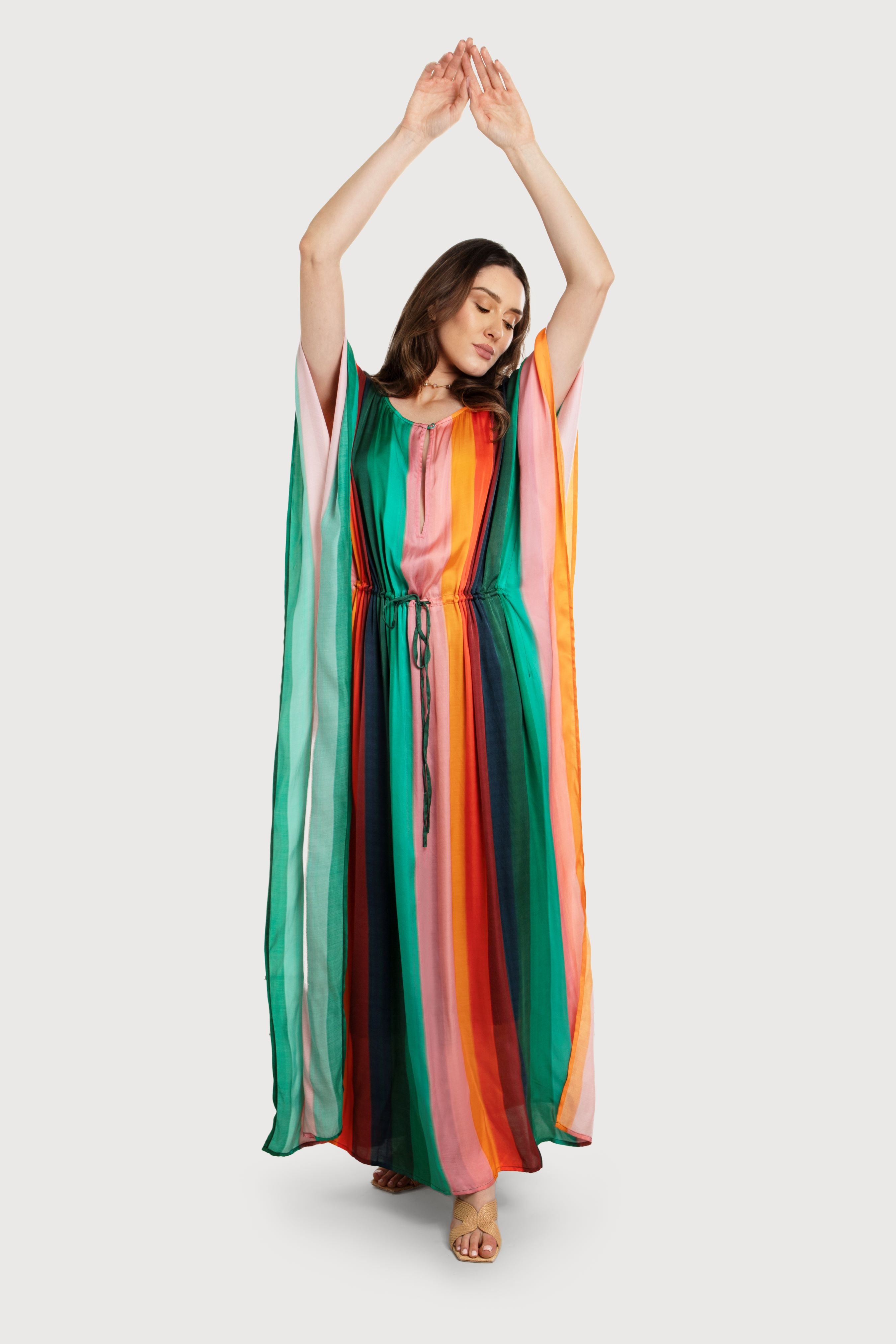 Stylish Multicolor Striped Tie-Waist Keyhole Kaftan Dress - Perfect for Beach Cover-Ups, Summer Vacations & Boho Fashion