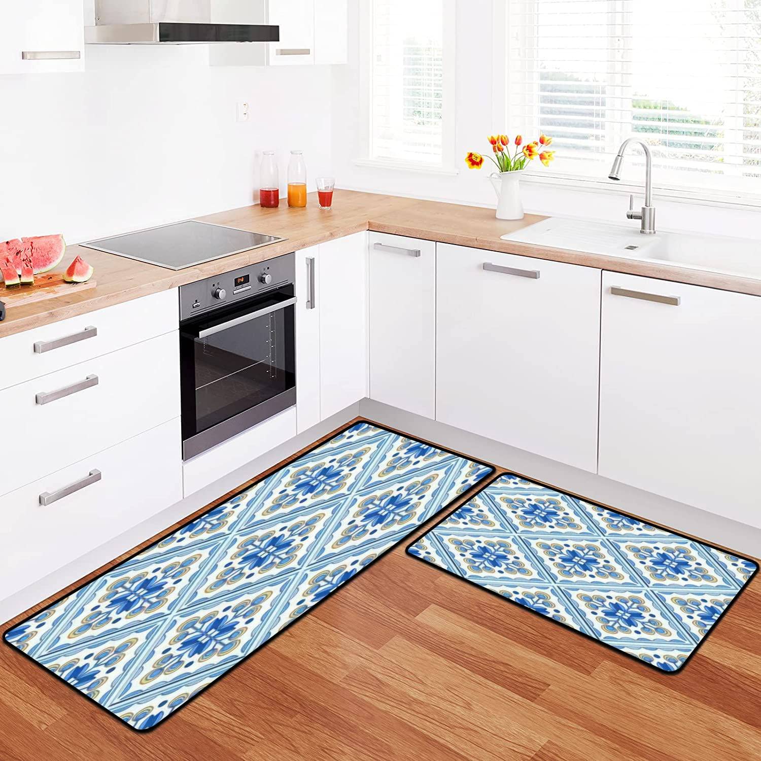 Portugal Lisbon Azulejo Ceramic Tile Design Non-Slip Washable Kitchen Rug Set - Yellow & Blue Kitchen Mats for Floor, Runner, Doormat & Bath Rug - Comfort Standing Mats for Kitchen Decor & Home Use