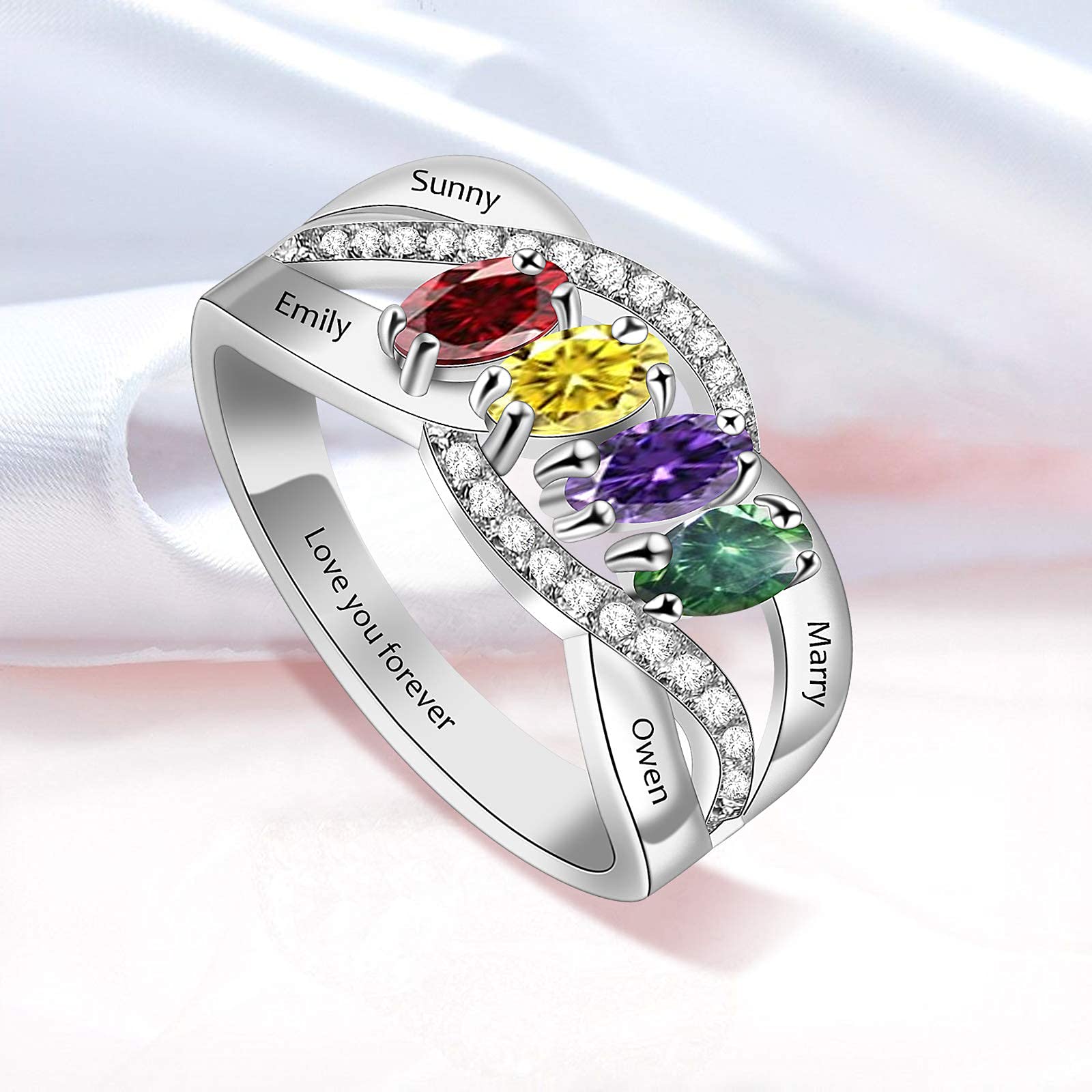 Personalized Sterling Silver Mothers Ring with 3 Birthstones - Vintage Heart Name Ring for Women | Custom Engraved Anniversary, Promise & Family Jewelry Gift (Perfect for Mother's Day, Birthday & Special Occasions)