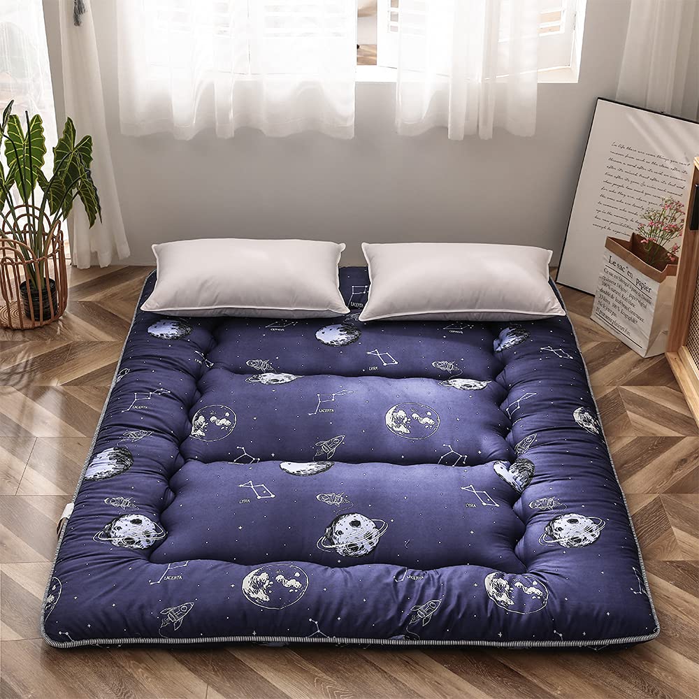 Navy Space Adventure Japanese Floor Futon Mattress - Thick Tatami Mat Sleeping Pad, Foldable Bed Roll for Kids & Adults - Twin Size Floor Lounger for Bedroom, Living Room & Travel