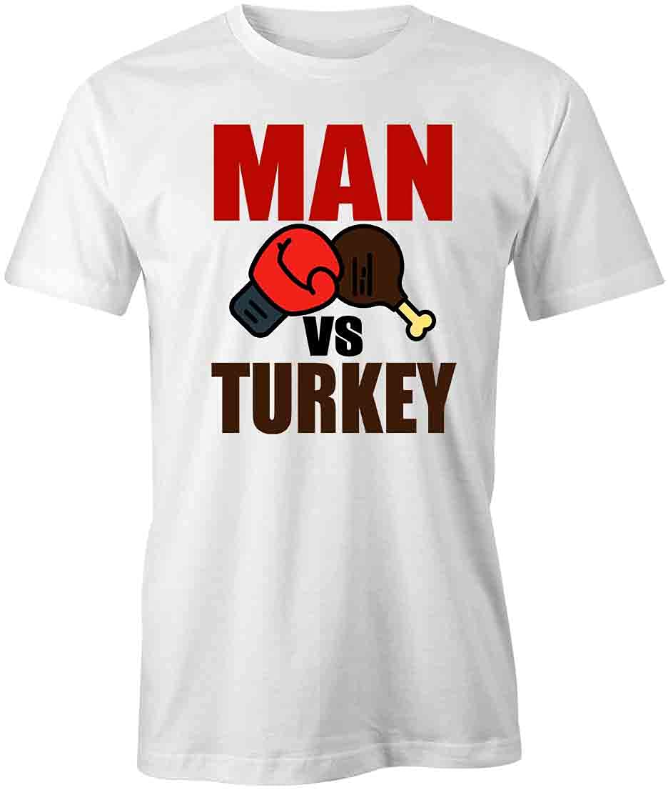 Man Vs Turkey Graphic T-Shirt - Funny Thanksgiving White Cotton Tee for Men - Perfect for Turkey Day Parties & Family Gatherings