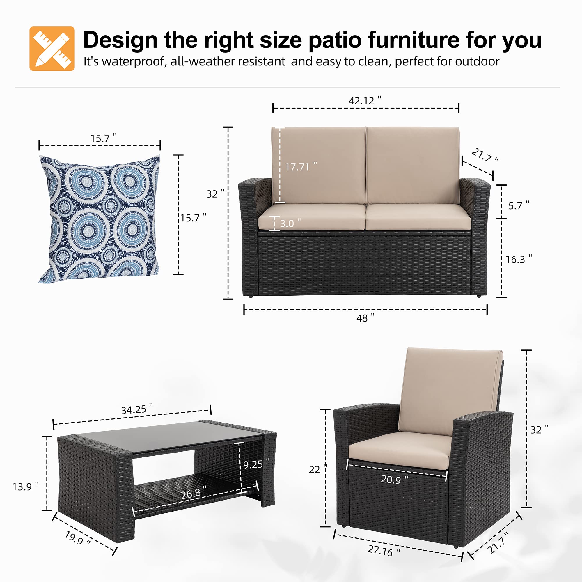 Shintenchi 4-Piece Outdoor Patio Furniture Set - All-Weather Wicker Rattan Sectional Sofa with Tempered Glass Coffee Table | Black | Perfect for Backyard, Garden, Poolside & Patio Relaxation