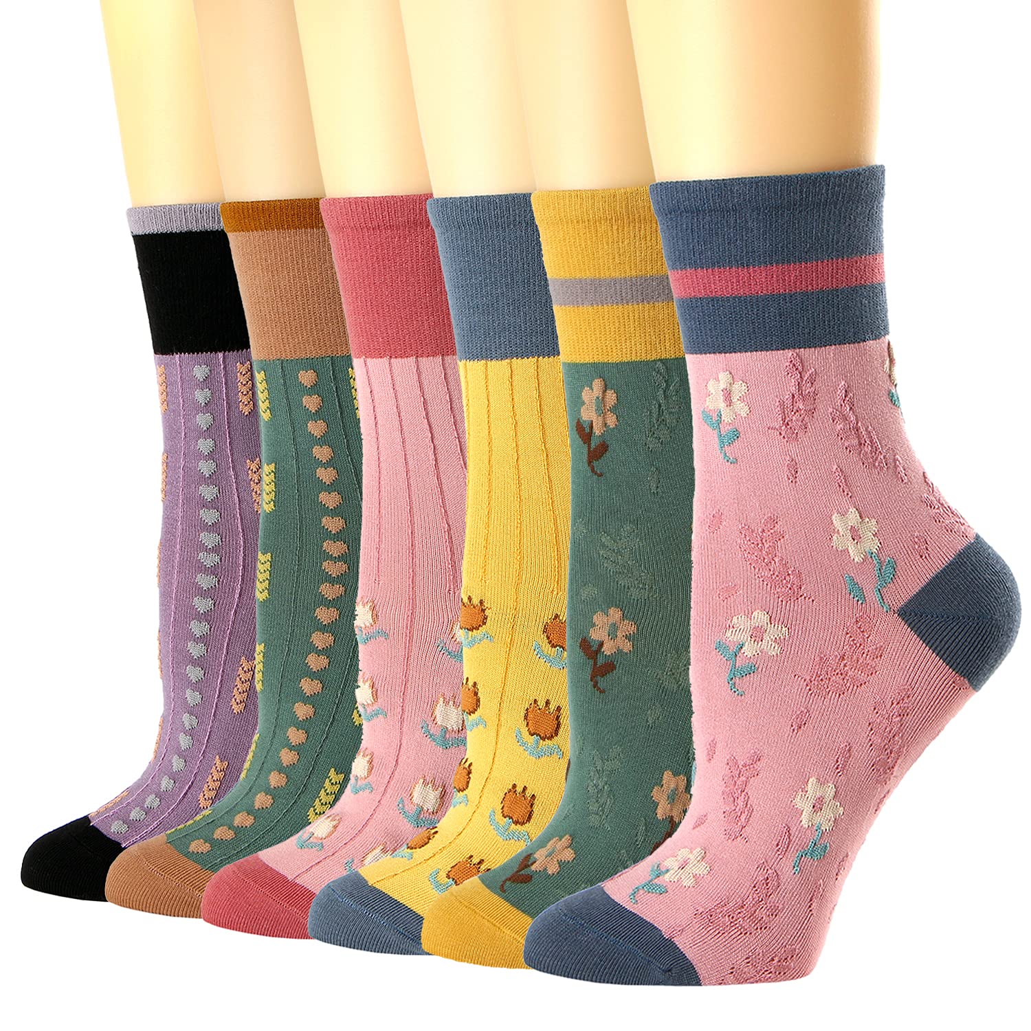 Albagu Women's Crew Socks - 5/6 Pack Cotton Casual Thin Dress Socks with Cute Fun Patterns - Perfect for Work, School and Daily Wear