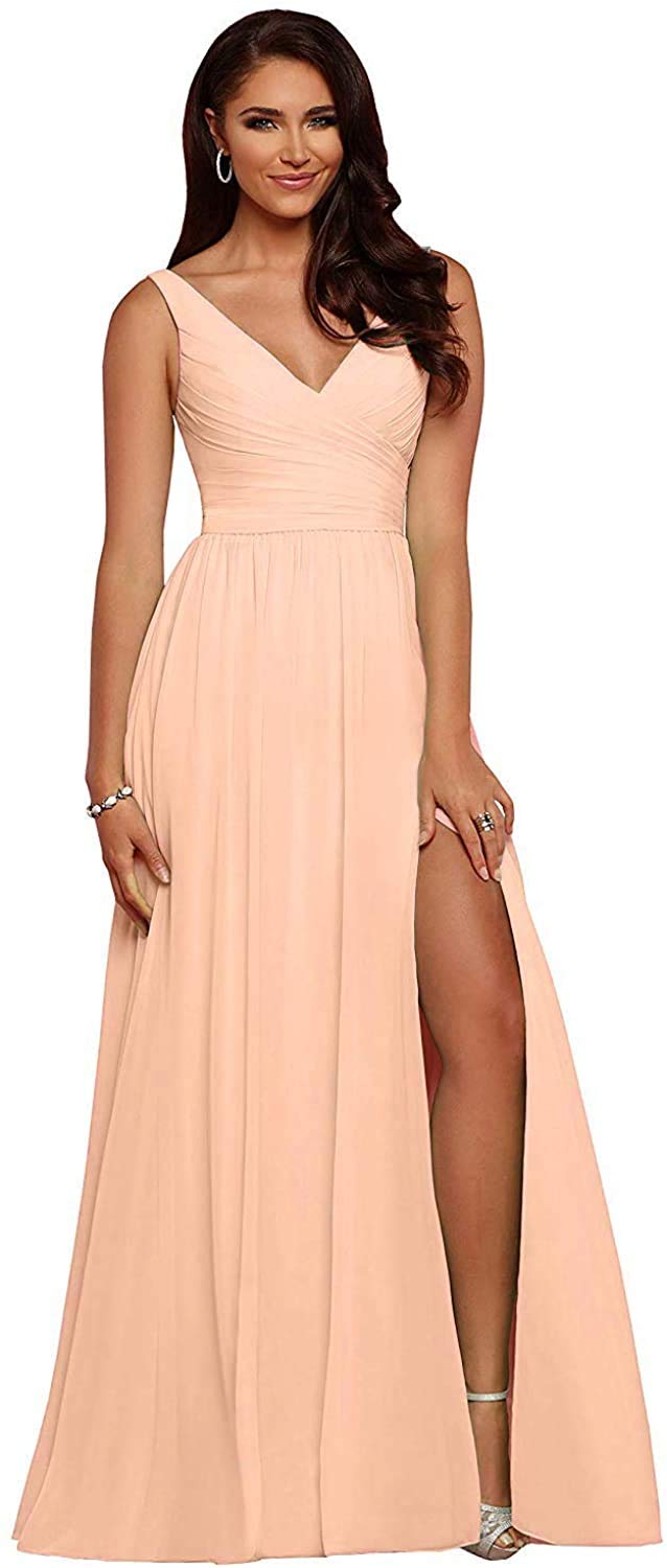 Elegant King Noiva Bridesmaid Dresses - Long Chiffon Wedding Guest Dress with Pleated V-Neck & High Slit Backless Design for Prom, Formal Events & Special Occasions | Perfect for Weddings, Parties & Evening Galas