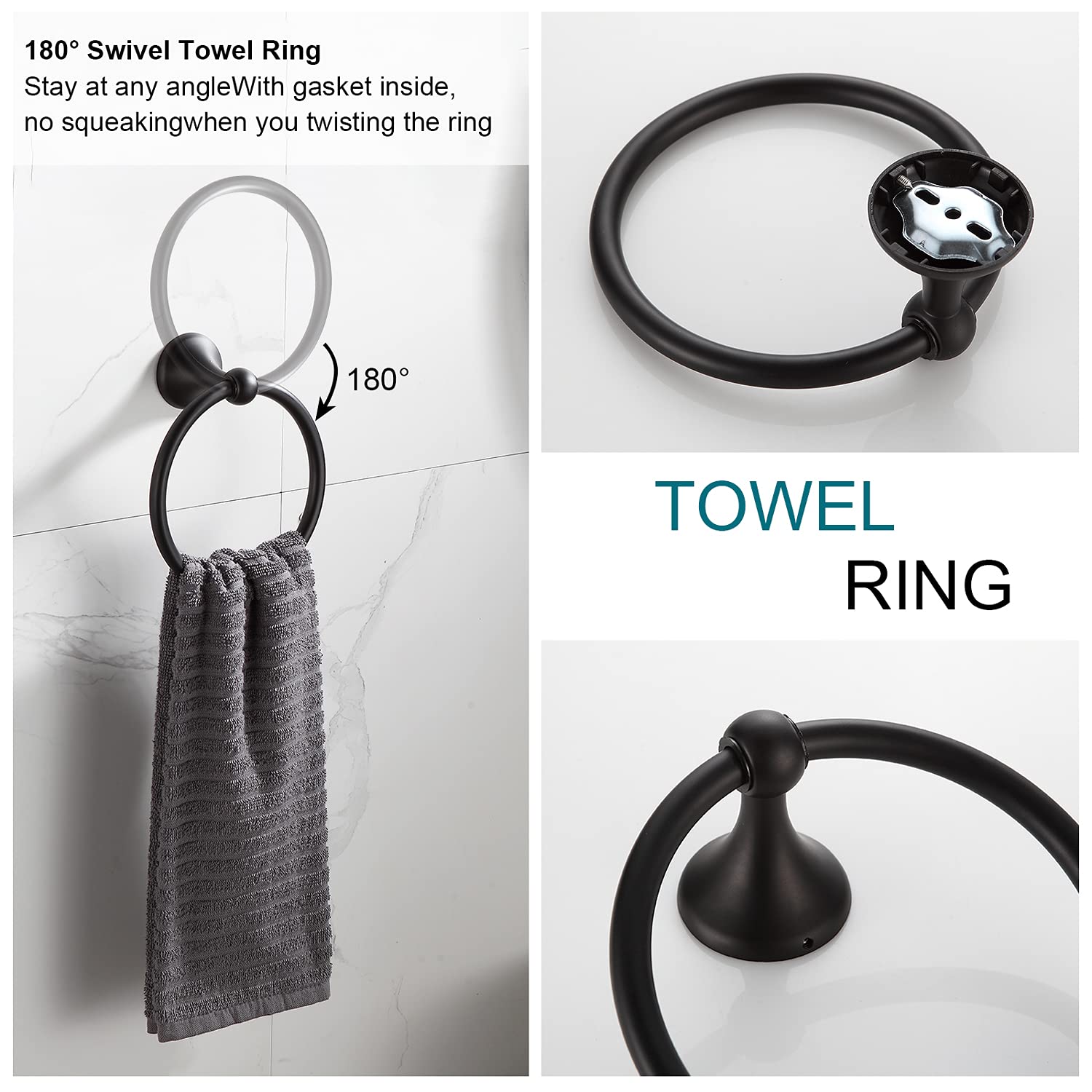 BGL Matte Black 4-Piece Bathroom Hardware Set - Adjustable Expandable Towel Bar, Wall Mounted Robe Hook, Toilet Paper Holder & Towel Ring | Modern Bathroom Accessories for Home & Hotel Decor