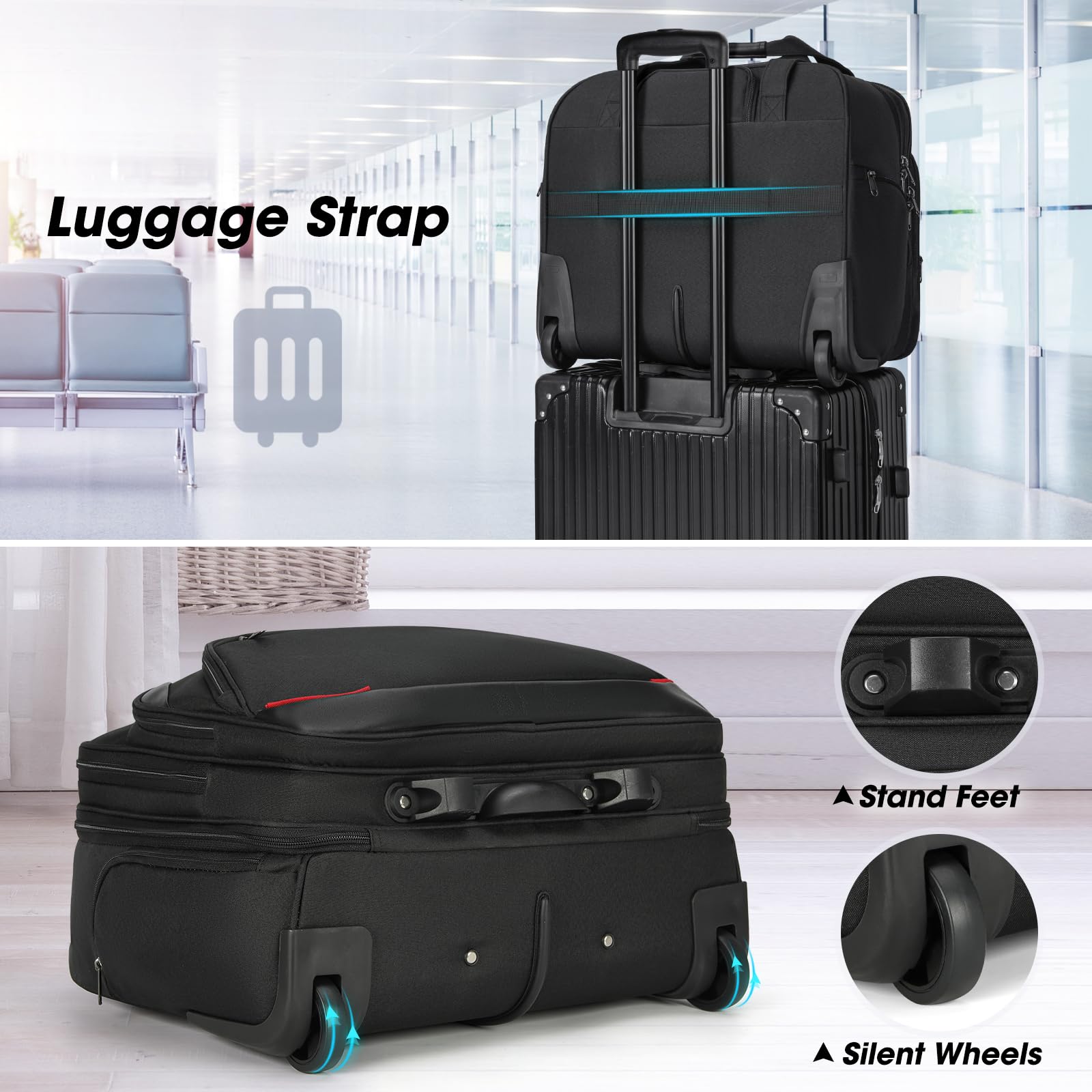 NUBILY 17.3 Inch Rolling Laptop Bag - Waterproof Wheeled Briefcase for Men & Women with RFID Pockets, Underseat Carry-On Luggage for Business Travel, Office & Airplane Use (Black)