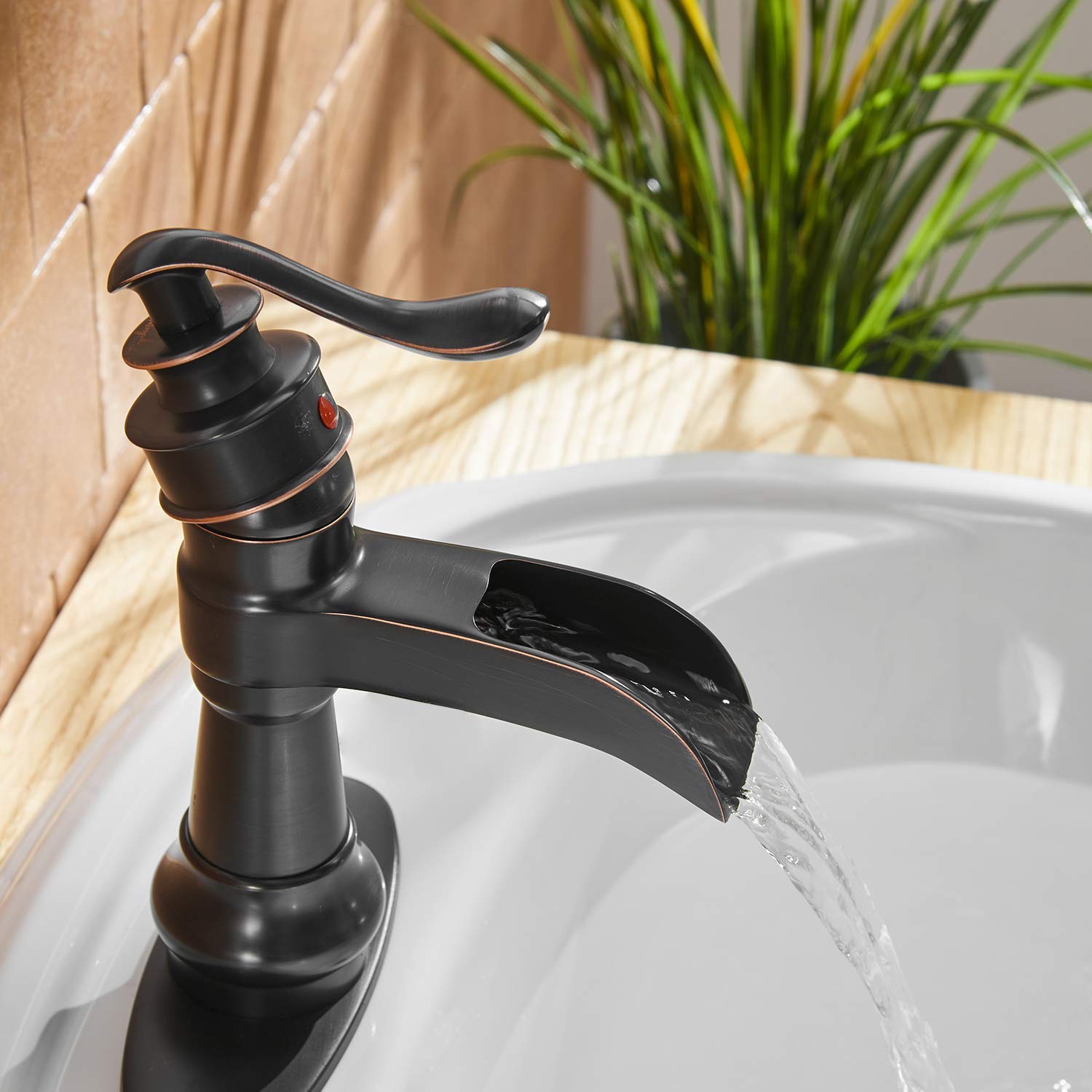 BWE Oil Rubbed Bronze Waterfall Bathroom Sink Faucet - Single Hole Mount with Pop-Up Drain & Supply Hose - Farmhouse Vanity Faucet for Bathroom Sinks | Perfect for Rustic & Modern Home Decor