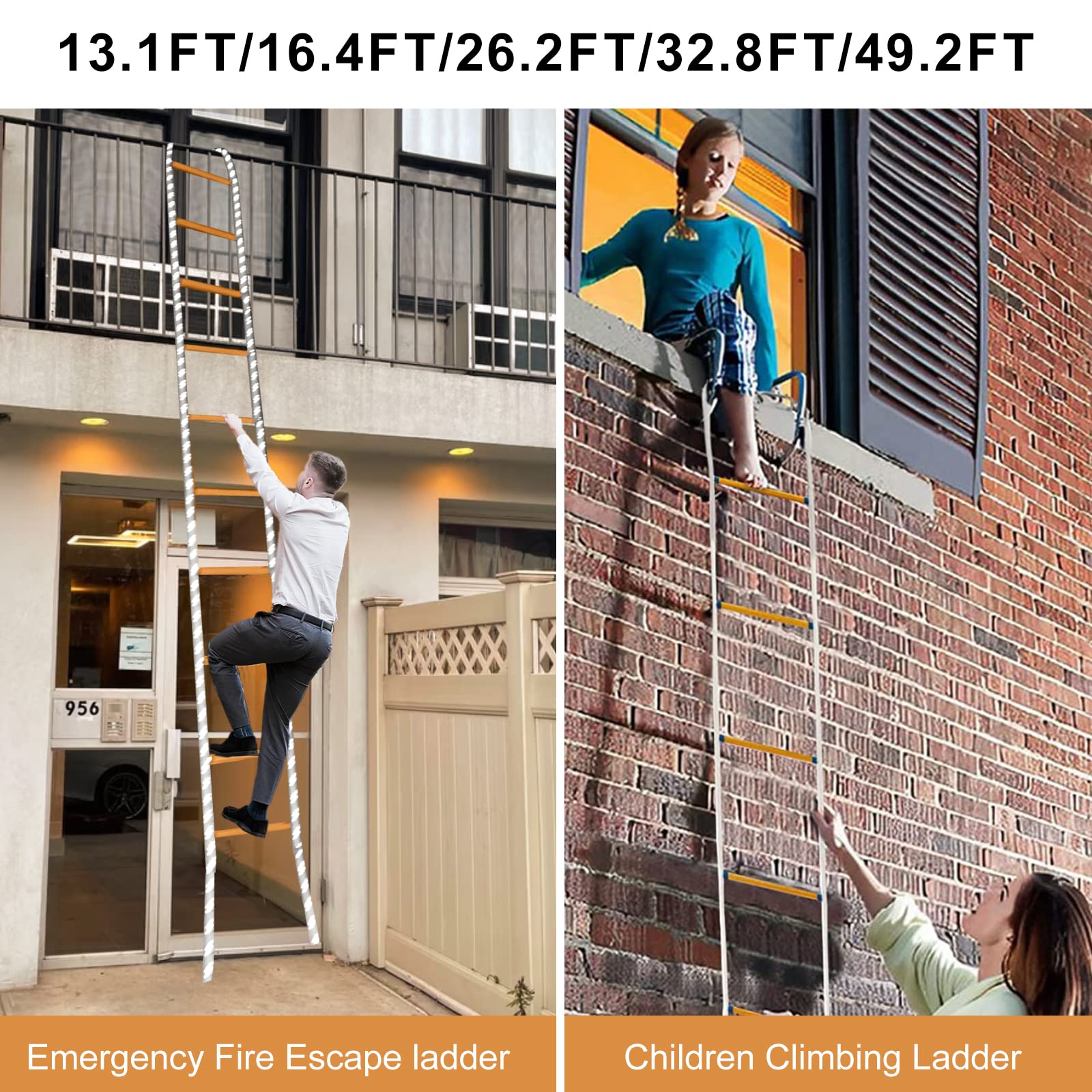 65FT Emergency Fire Escape Rope Ladder - Flame Resistant, Heavy Duty 2000LB Capacity with Hooks - Portable & Reusable 4-Story Safety Ladder for Home, Apartment, Office & Emergency Evacuation Scenarios