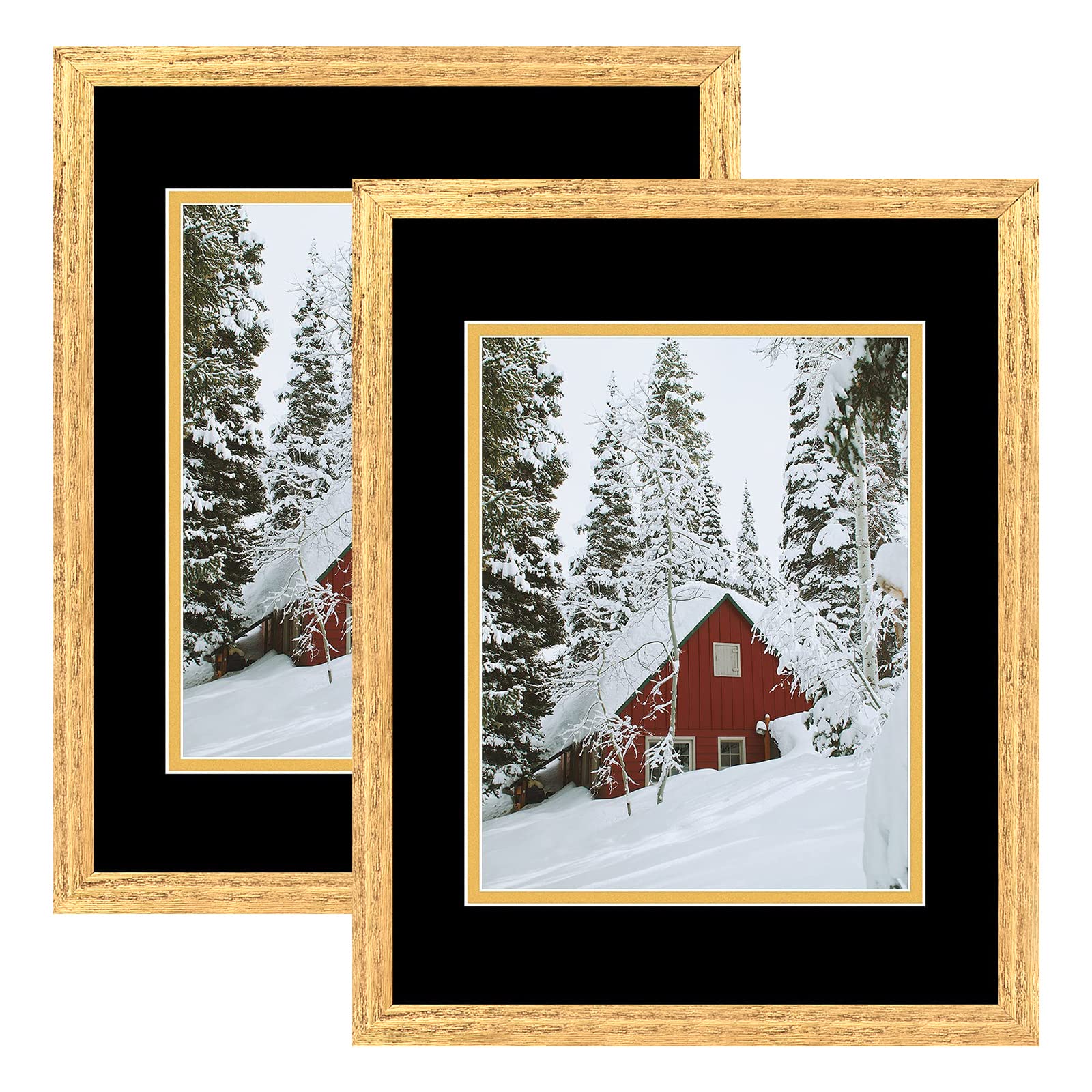 Golden State Art 11x14 Distressed Gold Wood Picture Frame with Black Over Gold Double Mat - Holds 8x10 Photos, Real Glass, Sawtooth Hangers & Back Turn Buttons - Wall Mount for Home, Office Decor (2 Pack) - Perfect for Family Portraits, Wedding Photos & Artwork Display
