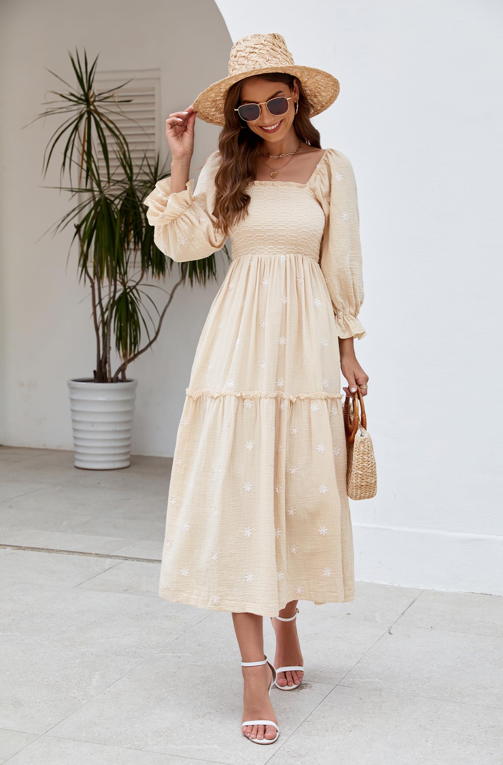 Women's Floral Embroidered Maxi Dress with Long Puff Sleeves & Square Neck - Bohemian Flowy Summer Dress with Pockets & Smocked Waist | Perfect for Beach Vacations, Date Nights & Fall Weddings