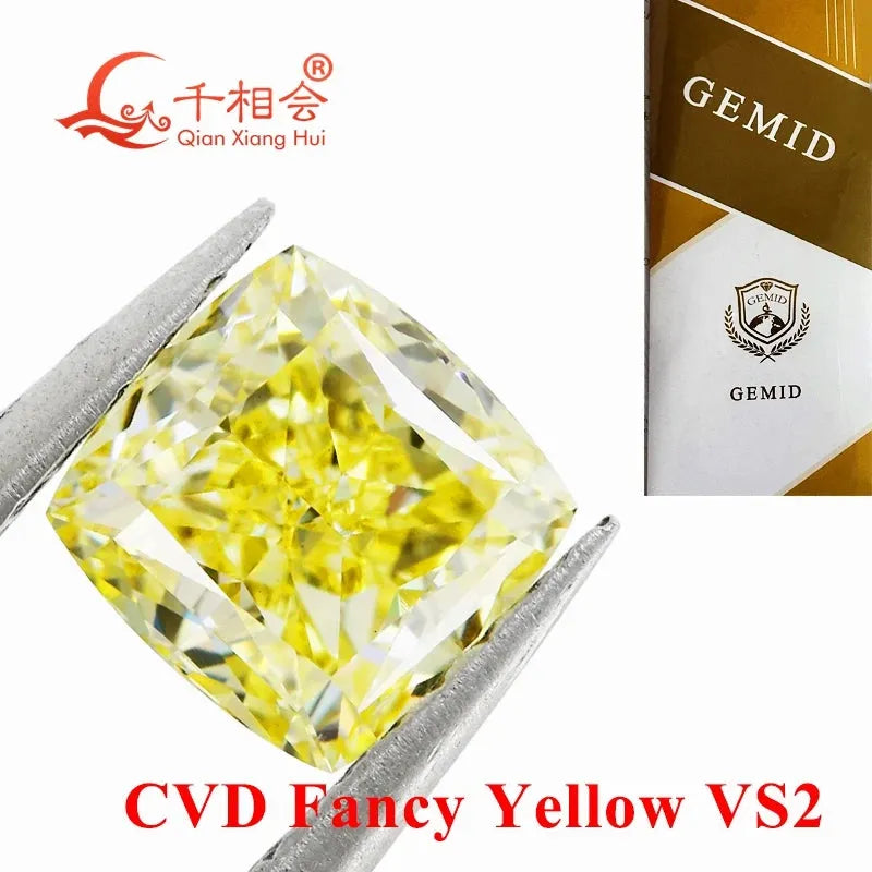 1ct VS2 Clarity Fancy Yellow CVD Lab Grown Diamond - Cushion Shape, GEMID Certified Loose Stone for Engagement Rings & Fine Jewelry