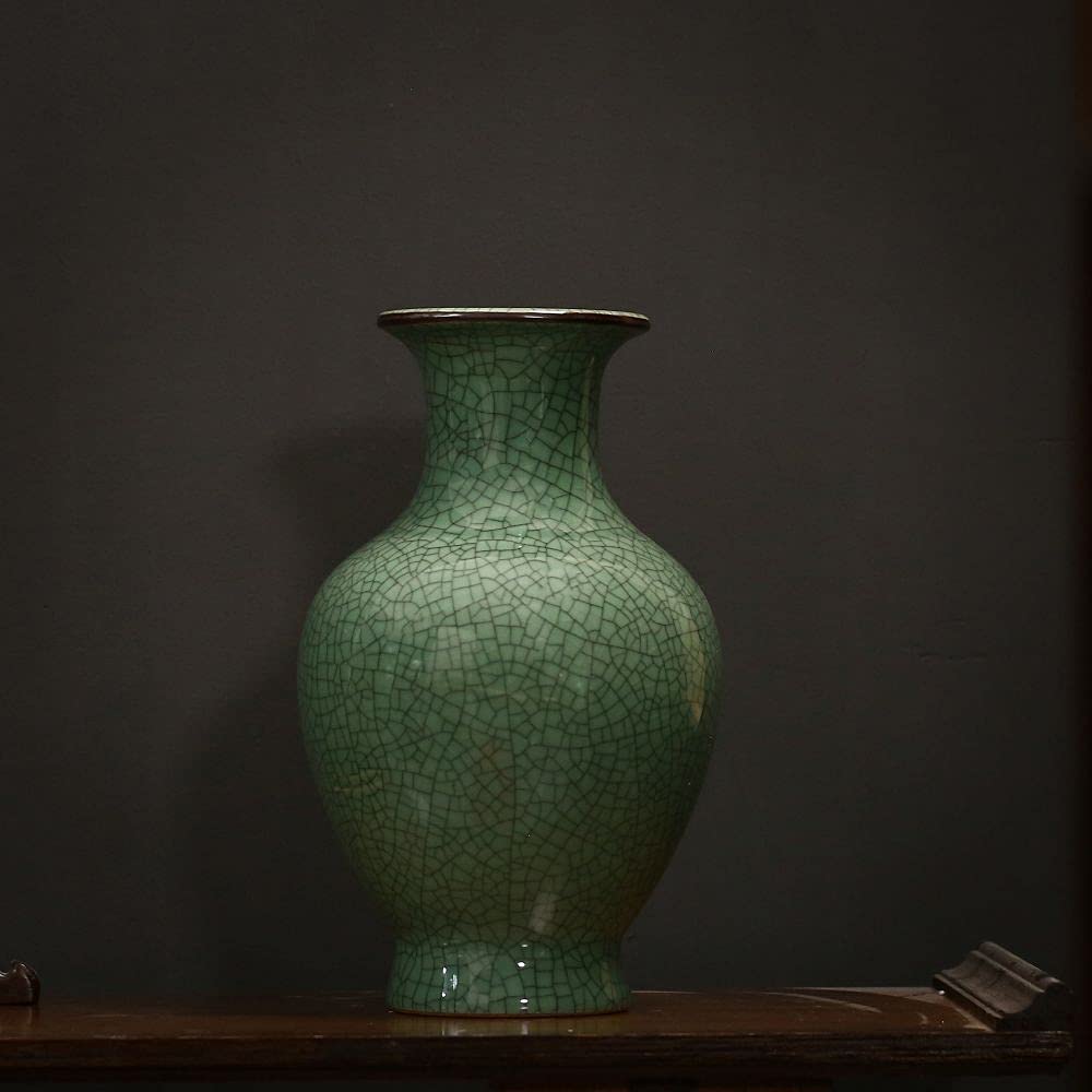Handmade Antique Chinese Ceramic Vase - Ice Crack Glaze Porcelain Flower Vase for Home Decor, Wedding Centerpiece & Living Room Display (Green, Large)
