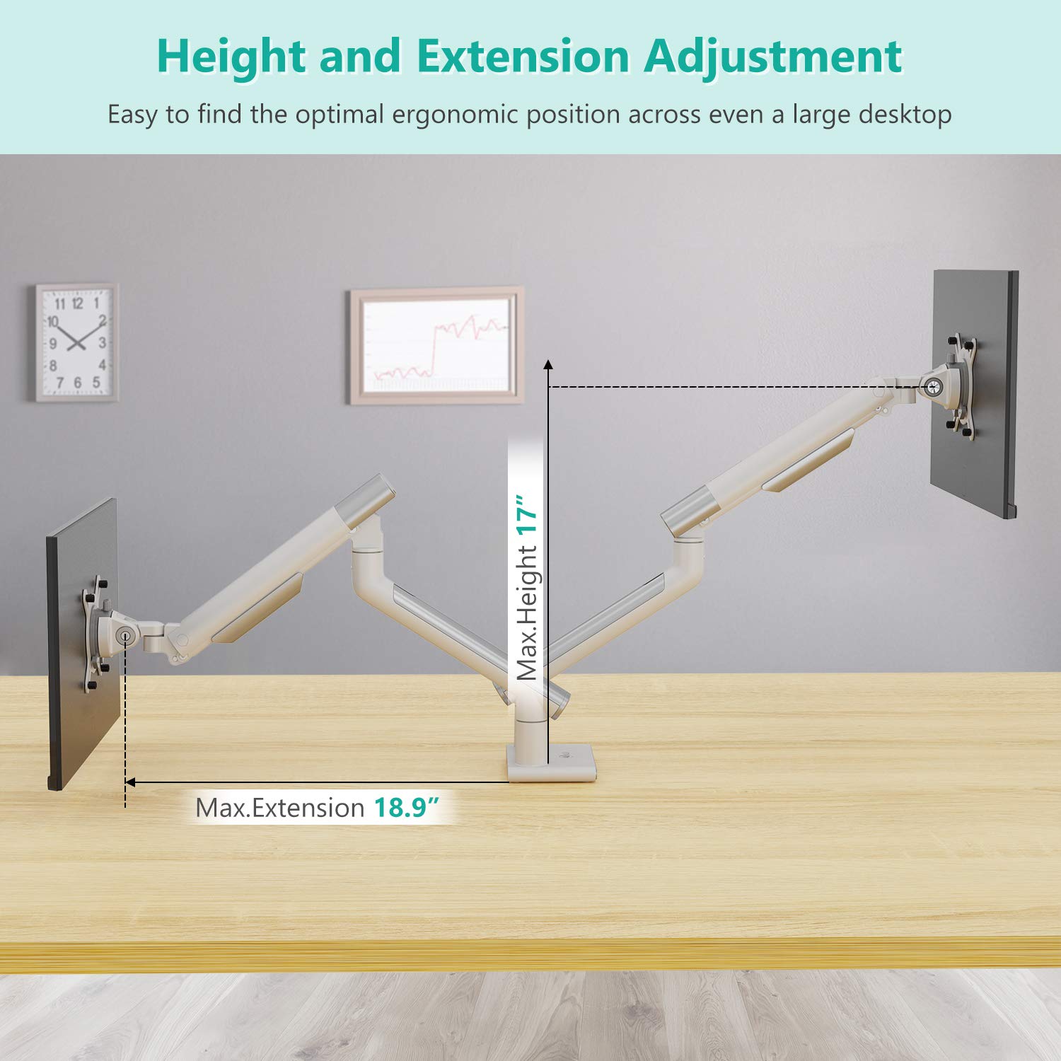 WALI Dual Monitor Stand with Steel Reinforcement Plate - Adjustable White Monitor Arms for 2 Screens, Heavy Duty Desk Mount - Perfect for Home Office, Gaming Setup & Workspace Ergonomics