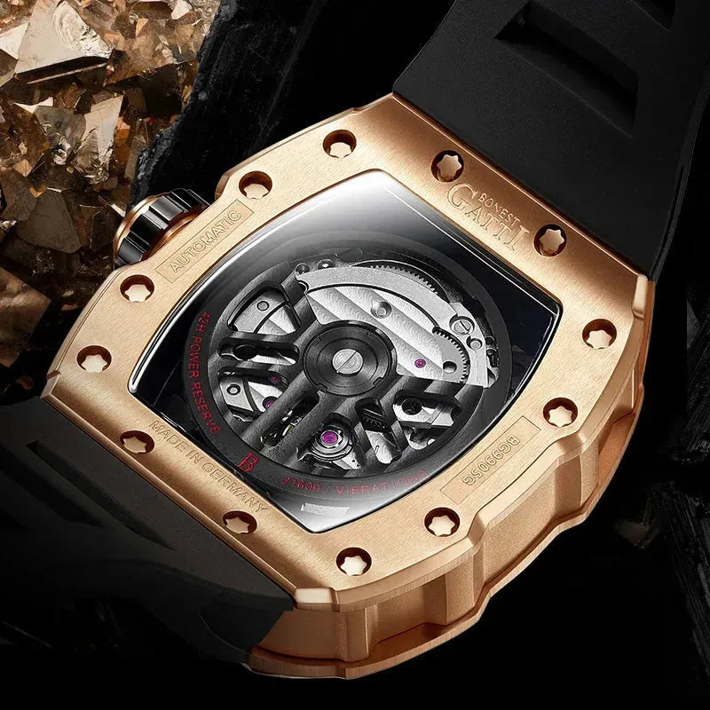 BONEST GATTI Men's Automatic Mechanical Watch - German Engine Tonneau Skeleton Design, Waterproof, Sapphire Glass, Luminous Hands, Fluororubber Strap - Perfect for Business, Formal Events & Luxury Gift Giving
