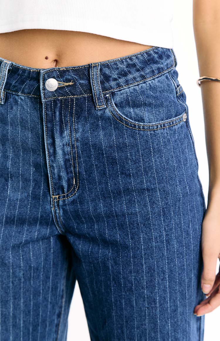 Calliope Pinstripe Mid Wash Mid Rise Slouchy Jeans for Women - Comfortable Relaxed Fit Stretch Denim Pants - Perfect for Casual Outings & Everyday Wear