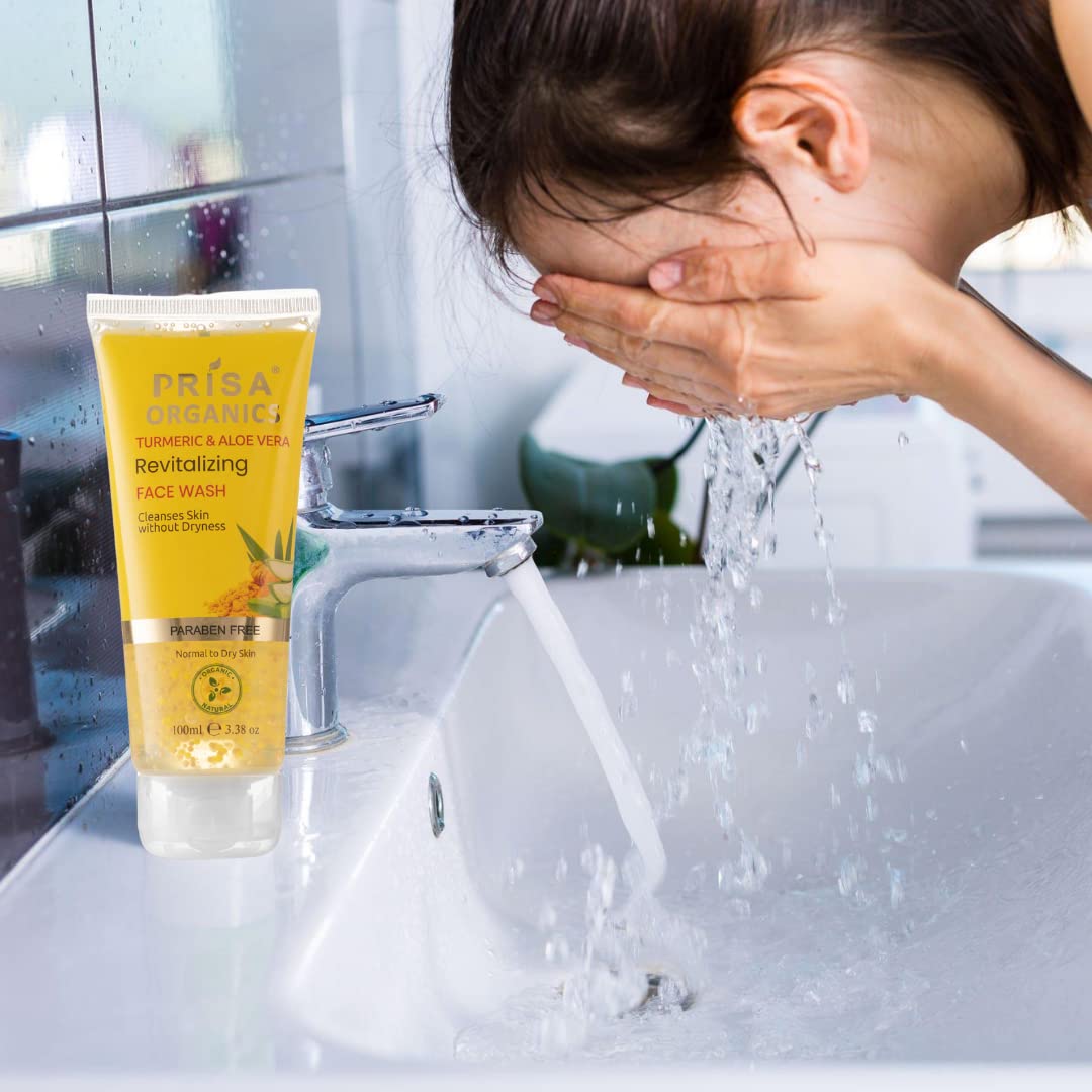 Prisa Organics Turmeric & Aloe Vera Revitalizing Face Wash - Natural Acne Control for All Skin Types | Fights Pimples & Blackheads | Paraben-Free 100ml | Daily Cleansing & Skin Brightening for Men & Women