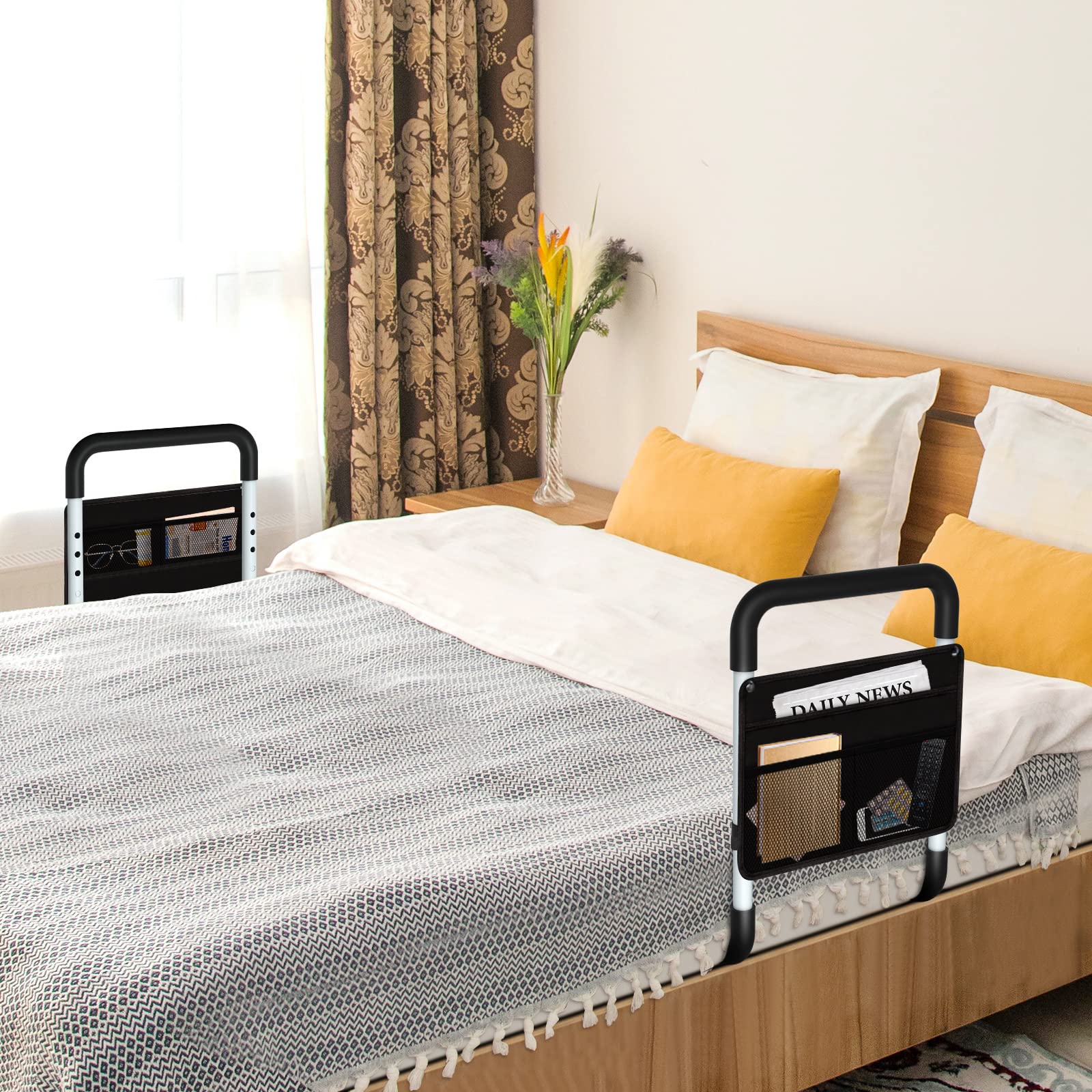 Elderly Bed Rails for Adults - Adjustable Bed Assist Rail with Storage Bag & Straps, Safety Support Bar for King, Queen, Full & Twin Beds - Ideal for Seniors' Mobility Assistance & Fall Prevention at Home