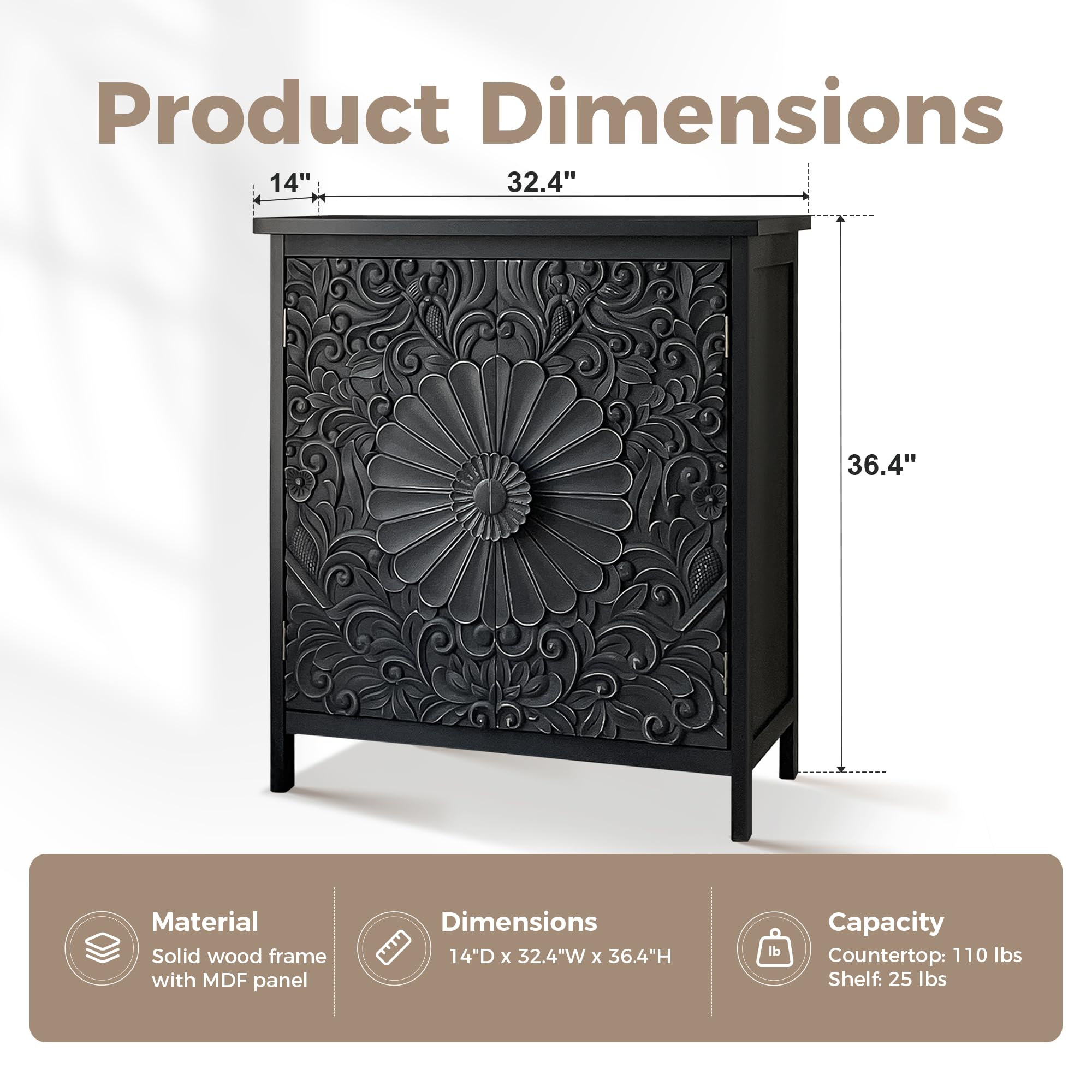 MAISON ARTS Black Floral Carved Accent Cabinet - Modern & Traditional Engineered Wood Storage Cabinet with 245lbs Weight Capacity, Elegant Living Room Furniture for Entryway, Hallway or Bedroom Storage Solution