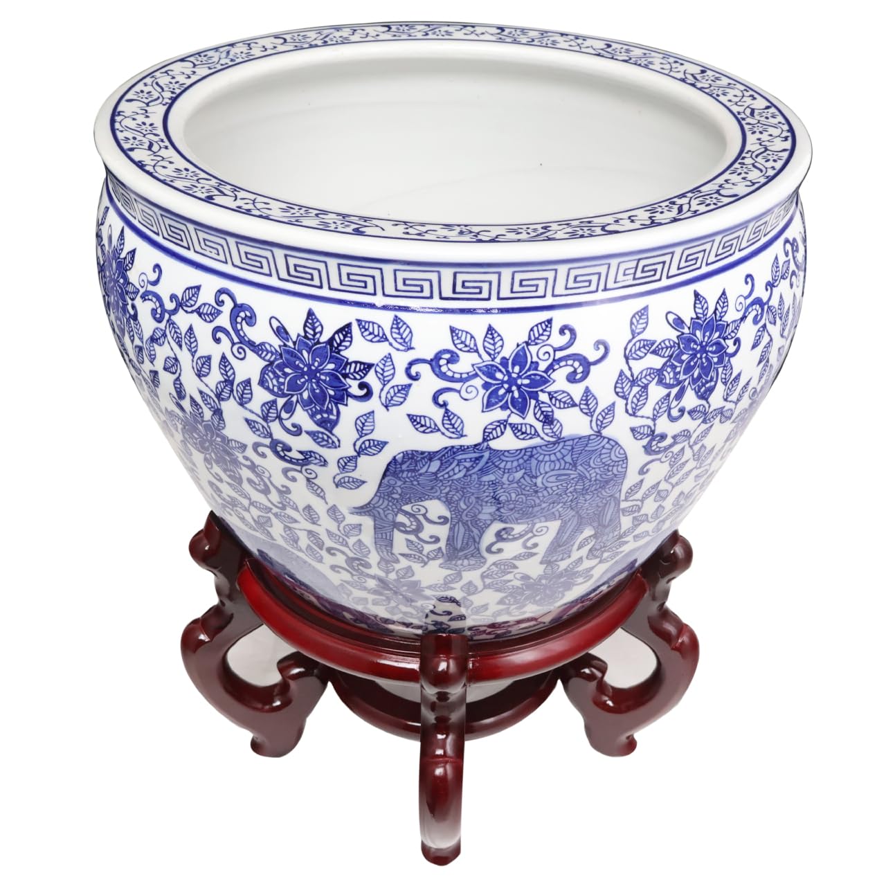 Blue and White Porcelain Fishbowl with Elephant Design - Oriental Home Decor for Living Room, Office & Garden - Handcrafted Ceramic Planter & Decorative Bowl