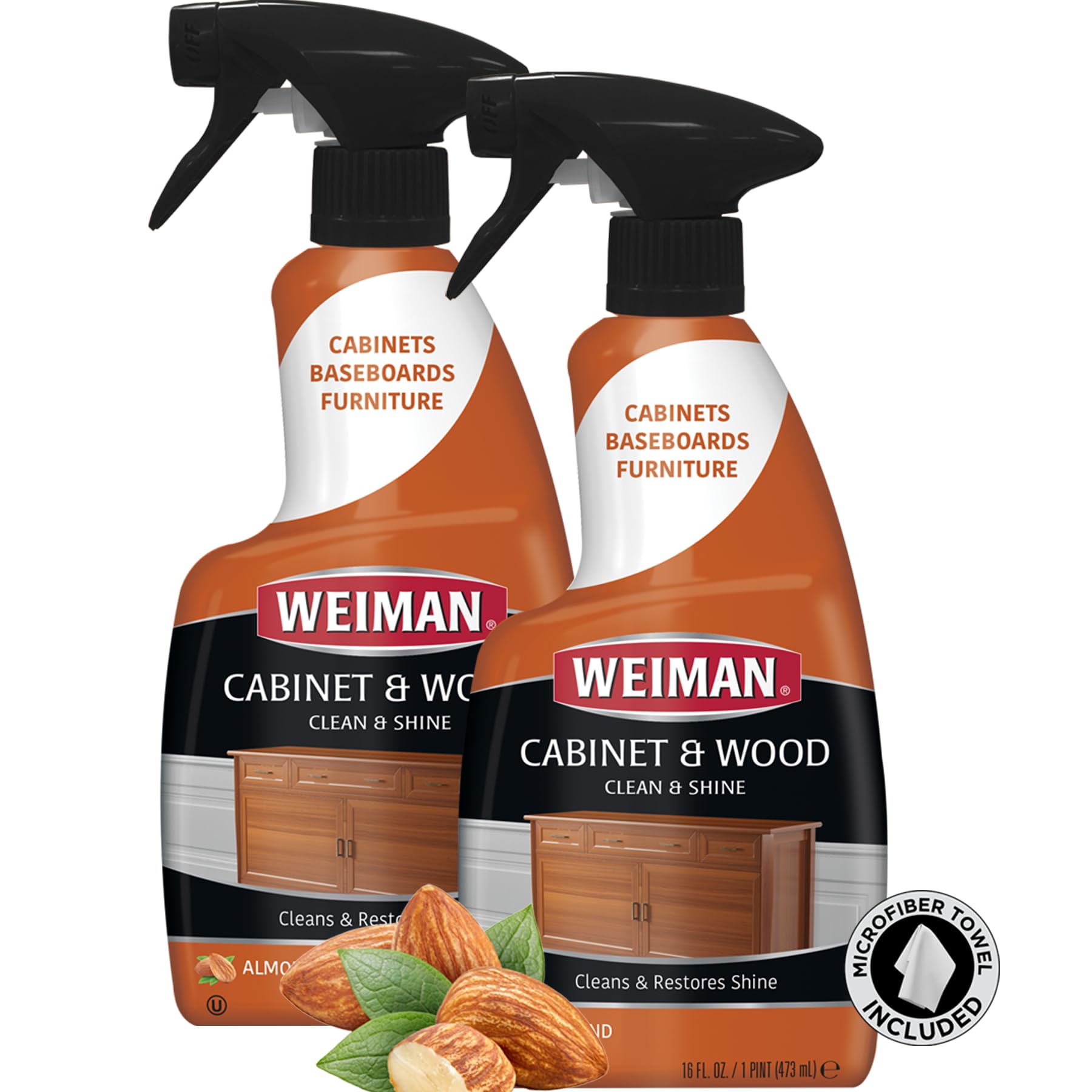 Weiman Cabinet & Wood Cleaner Spray - 16oz (2 Pack) with Microfiber Towel | Shine, Clean & Protect Wood Cabinets, Furniture, Tables, Baseboards & Trim | Ideal for Kitchen, Living Room & Office Wood Care