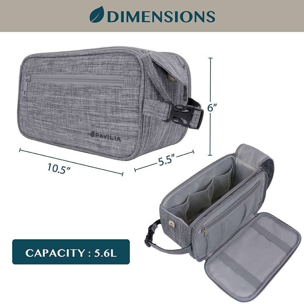 PAVILIA Men's Travel Toiletry Bag - Water Resistant PU Leather Dopp Kit & Shaving Essentials Organizer for Grooming (Heather Grey) - Perfect for Business Trips, Gym, Camping & Vacation