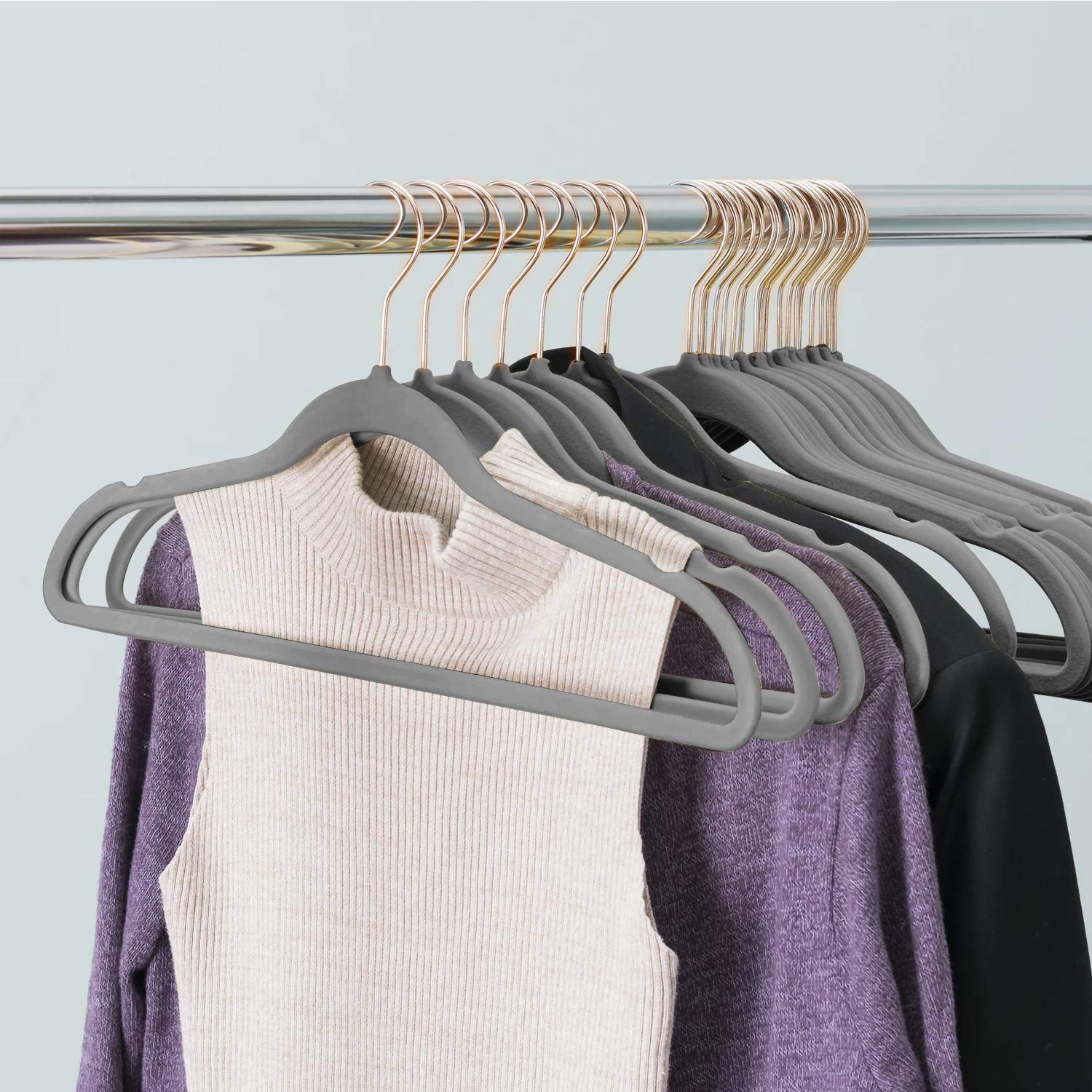 Premium Velvet Clothes Hangers 30 Pack - Heavy Duty Non-Slip Suit Hangers with 6 Finger Clips & Tie Rack - Space Saving Velvet Hangers for Men & Women Wardrobe Organization - Perfect for Closets, Travel & Laundry Rooms (Gray)