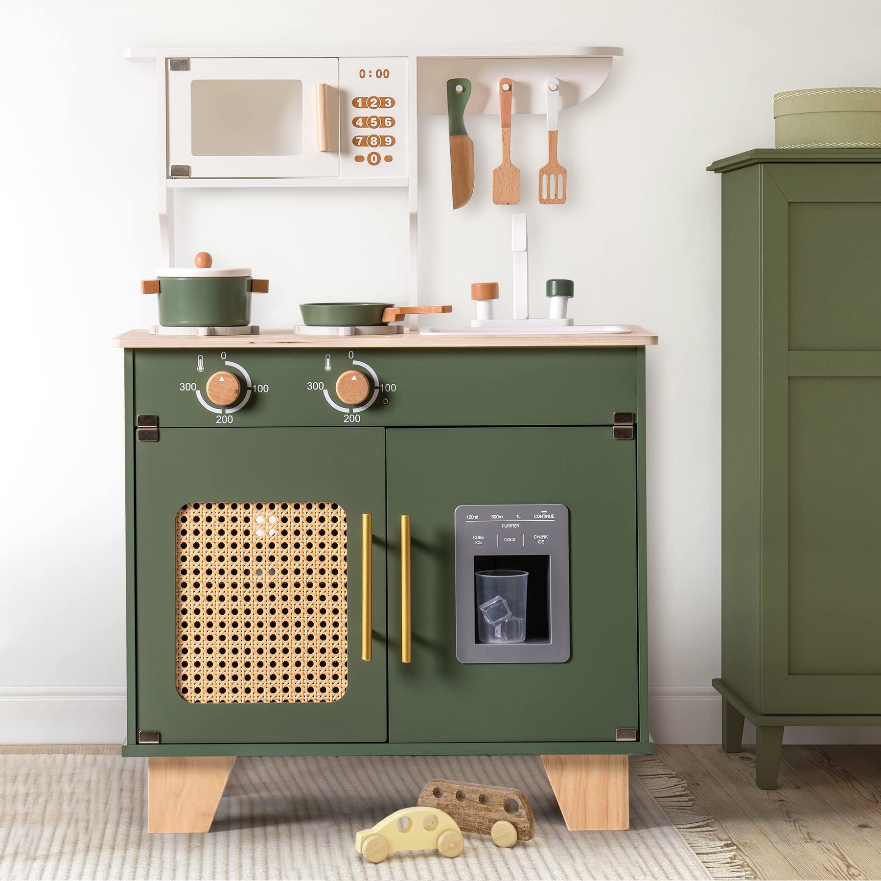 ROBUD Wooden Play Kitchen for Kids Aged 3+ | Vintage Green Pretend Kitchen Set with Ice Cube Dispenser, Perfect Birthday Gift for Imaginative Play at Home or Preschool