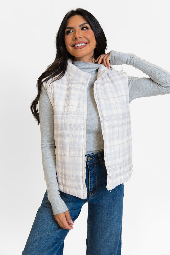 Beige Plaid Puffer Vest for Women - Cozy Winter Fashion Outerwear | Perfect for Outdoor Activities, Casual Wear & Layering
