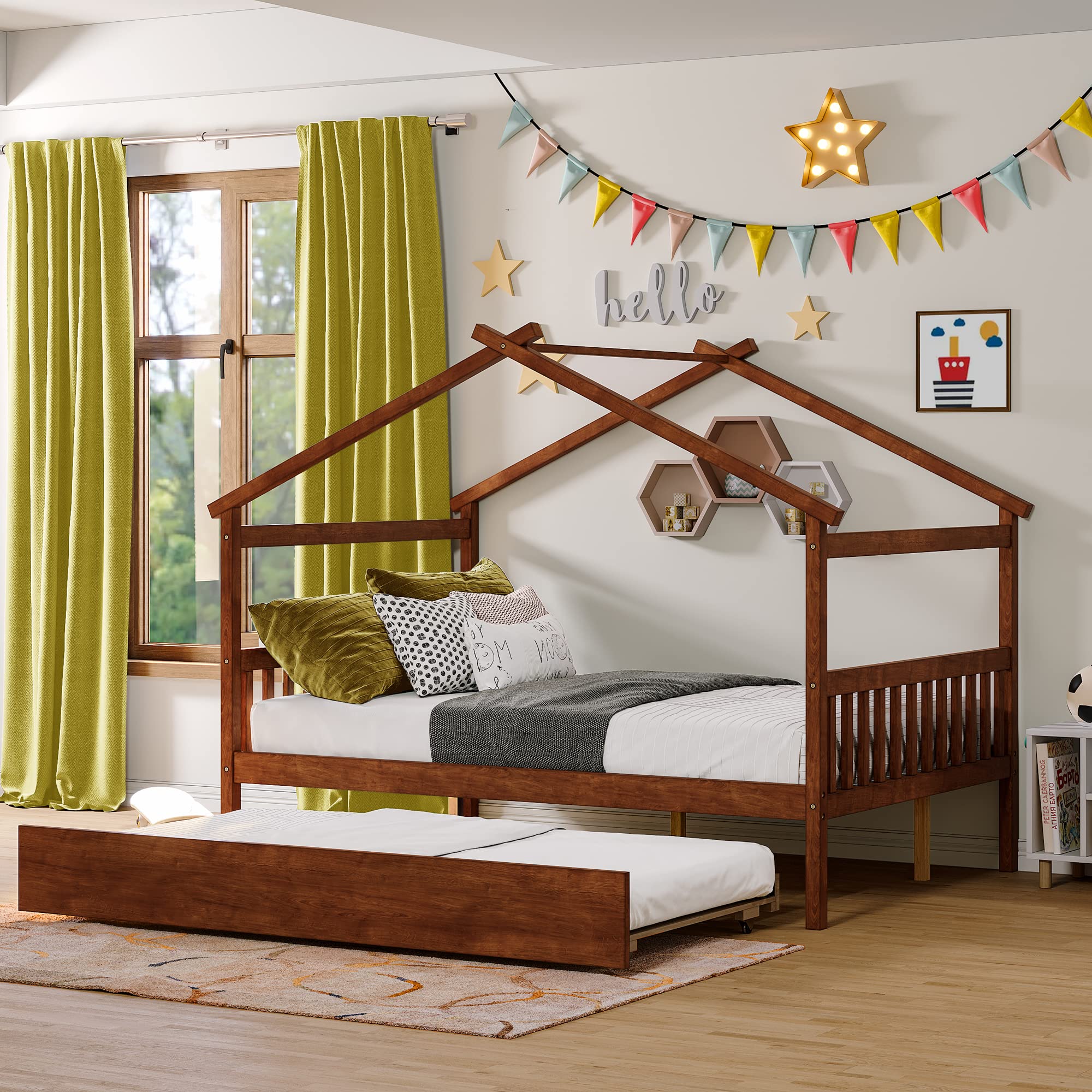 Full Size Wooden House Bed with Trundle - Platform Bed Frame with Headboard, Footboard & Roof for Kids - Perfect for Boys & Girls Bedroom (Walnut Finish) - Great for Sleepovers, Playtime & Cozy Reading Nooks