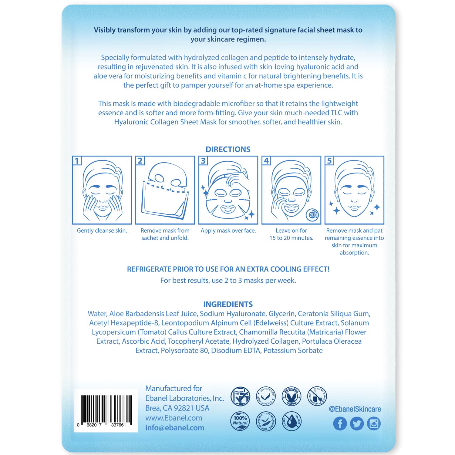 Ebanel 15 Pack Collagen Peptide Hydrating Face Masks - Brightening, Firming & Anti-Aging Sheet Masks with Hyaluronic Acid, Vitamin C, Chamomile & Aloe | Instant Moisturizing Spa Facial Mask for Glowing Skin | Perfect for Daily Skincare, Spa Days & Travel Essentials