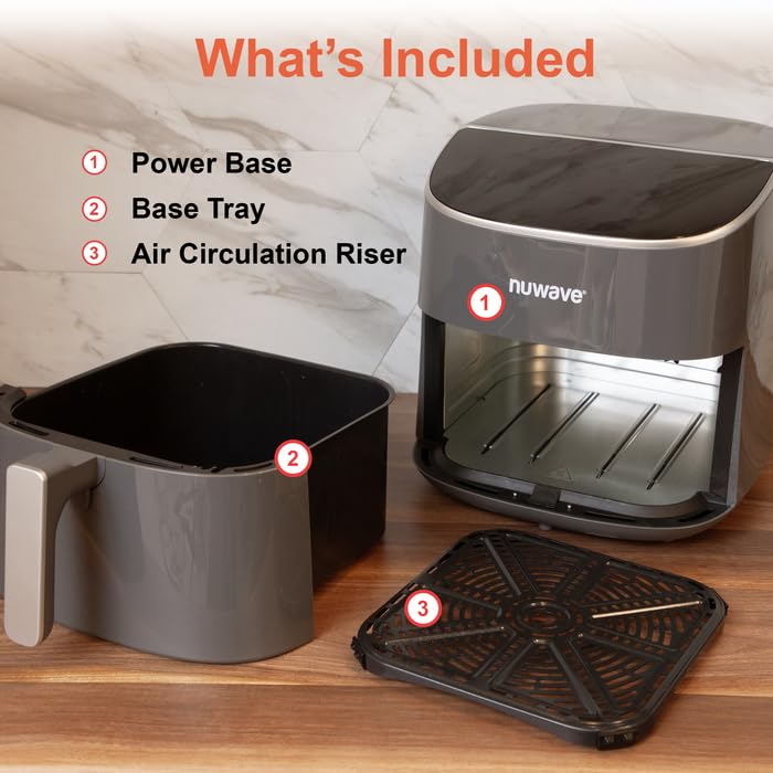 Nuwave 8QT Brio Air Fryer Plus - Digital LED Touch Screen, 50°F~400°F Temperature Range, 5° Precise Control, 3 Power Settings, 5 Cooking Functions, 50 Memory Presets, PFAS-Free, Cool Gray - Perfect for Healthy Frying, Baking, Roasting & Reheating at Home