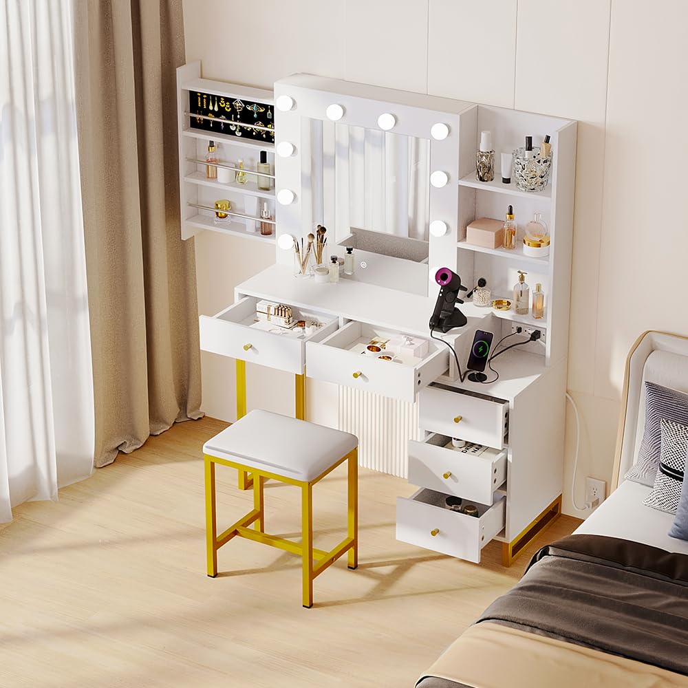 DWVO White Vanity Desk with LED Lighted Mirror - 3 Color Lighting, 5 Drawers & Hidden Jewelry Storage - Makeup Dressing Table Set with Power Outlet & Cushion Stool - Perfect for Bedroom, Bathroom & Home Beauty Salon