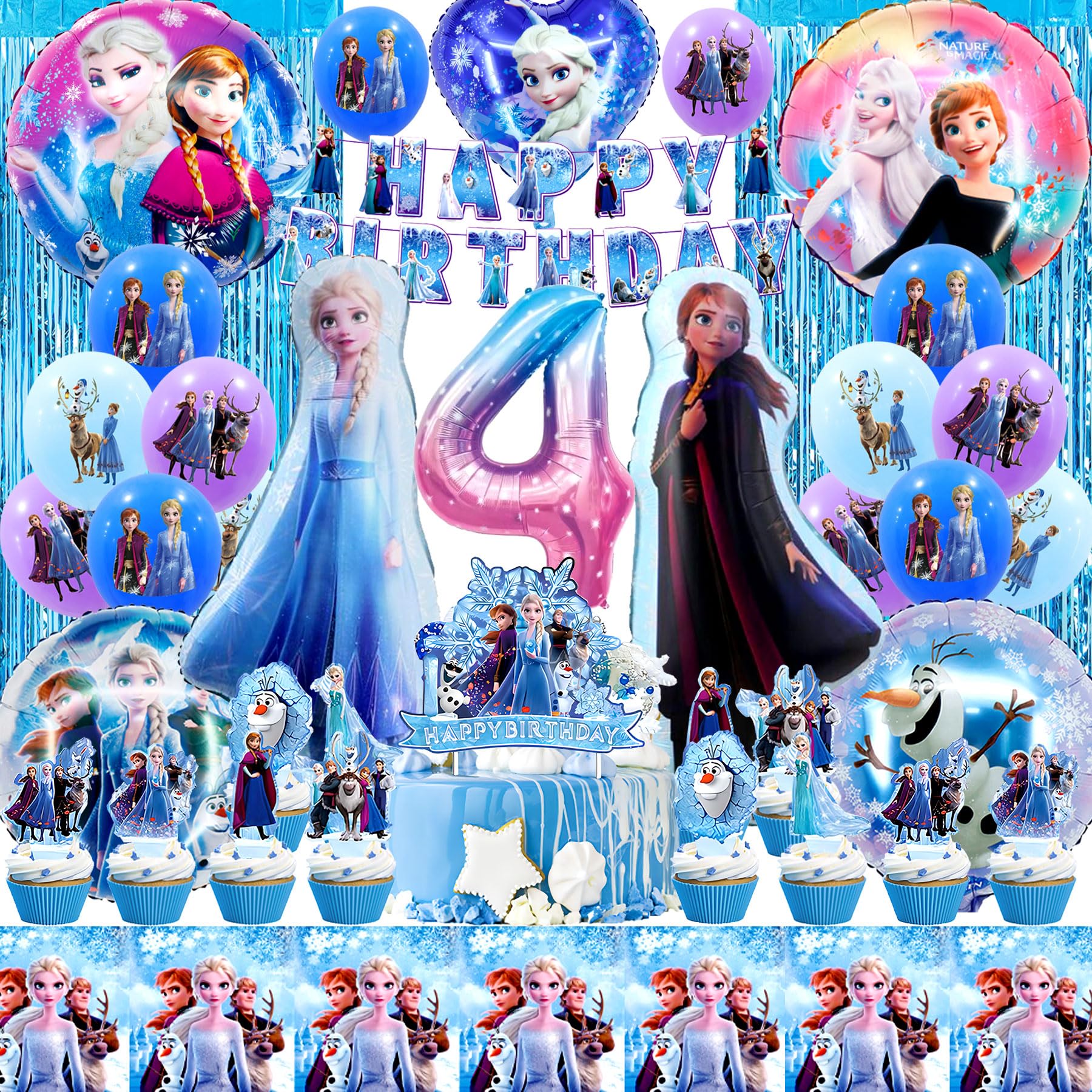 Frozen Birthday Balloon Kit for Girls - 4th Birthday Party Decorations with 3D Aluminum Balloons, Cake Toppers & Elsa Themed Supplies | Perfect for Frozen Themed Parties, Princess Celebrations & Disney-Inspired Decor