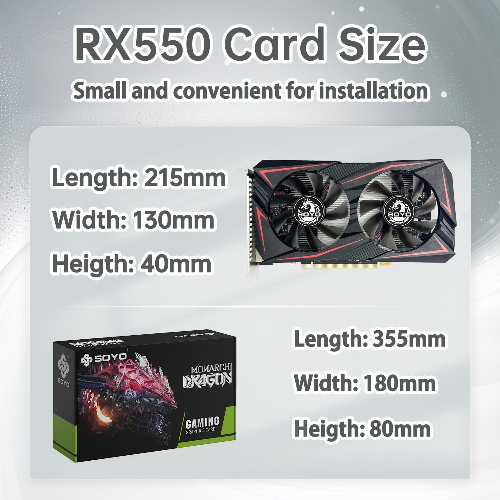 SOYO AMD Radeon RX550 4GB GDDR5 128-Bit Gaming Graphics Card with HDMI, DisplayPort & DVI - PCI Express 3.0 x8, Dual Fan Cooling - Perfect for PC Gaming, eSports & 1080p Video Editing
